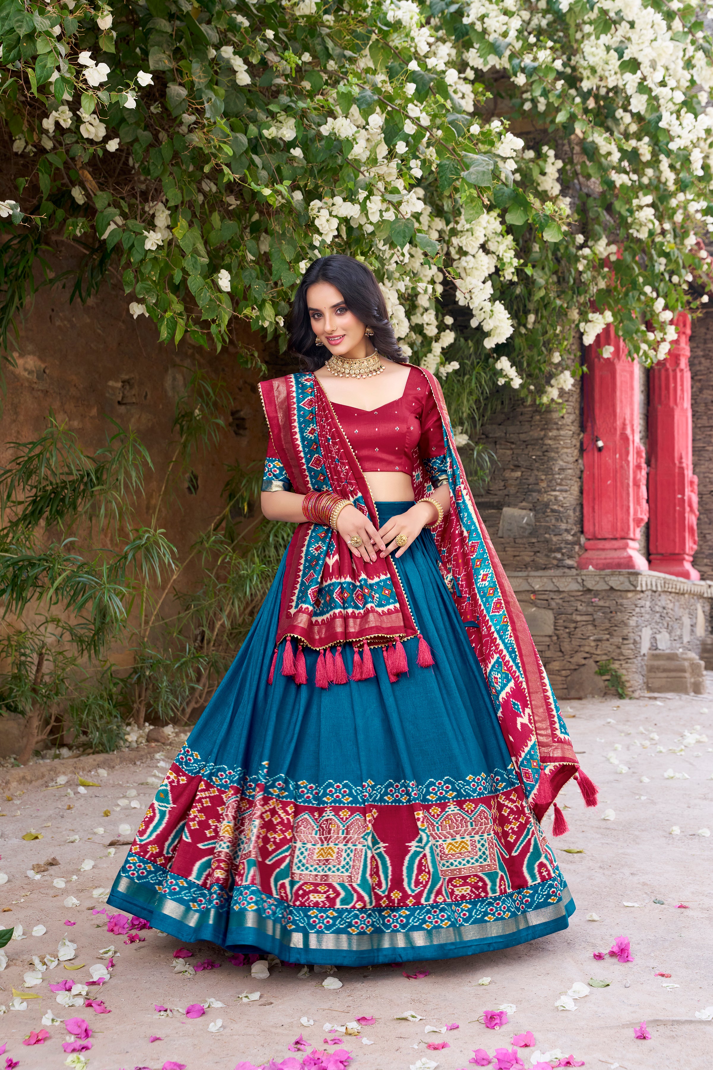 Women's Firozi Blue Tusser Silk Lehenga Choli with Floral Print, Foil Work & Gotta Patti Dupatta | Designer Festive & Wedding Wear
