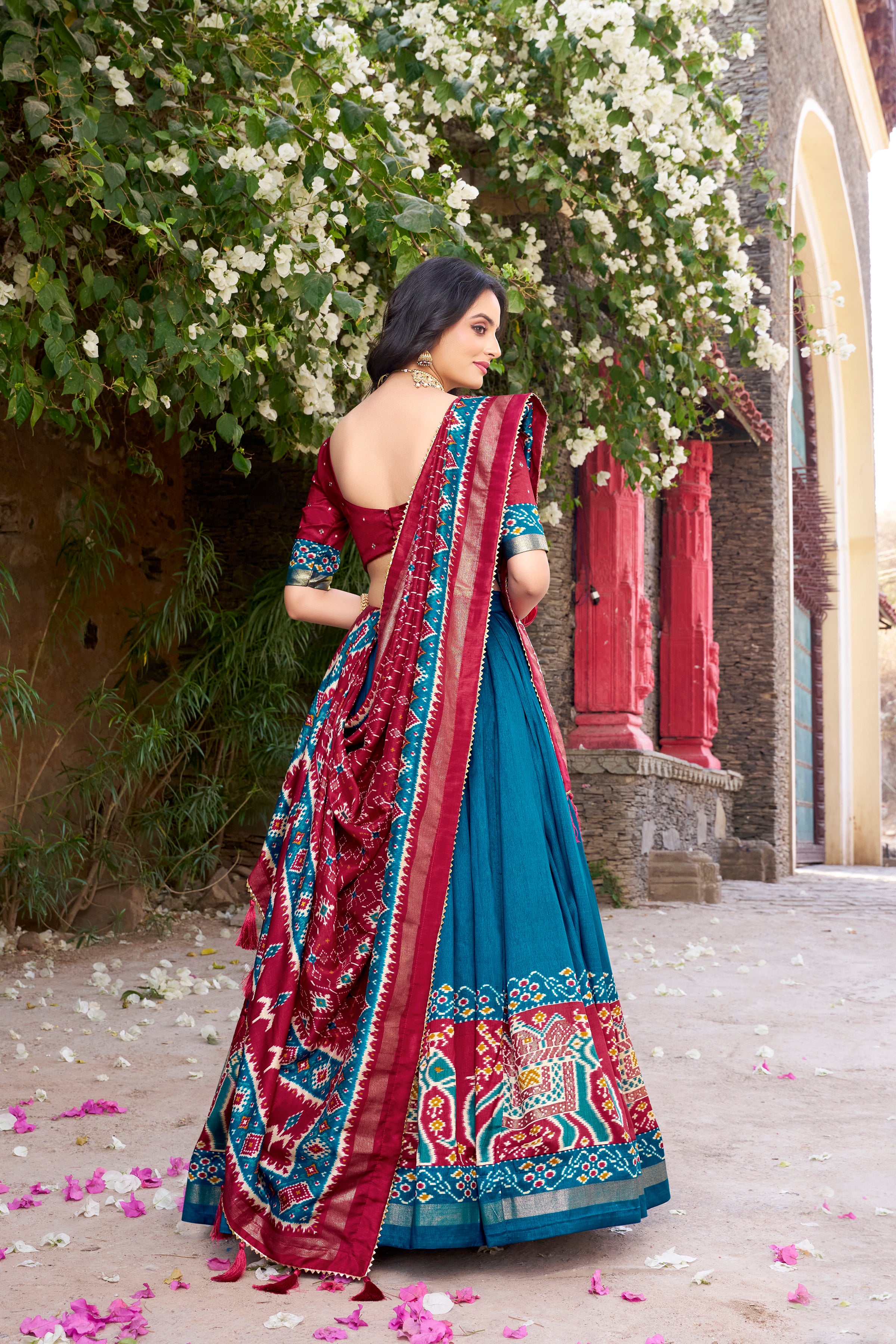 Women's Firozi Blue Tusser Silk Lehenga Choli with Floral Print, Foil Work & Gotta Patti Dupatta | Designer Festive & Wedding Wear