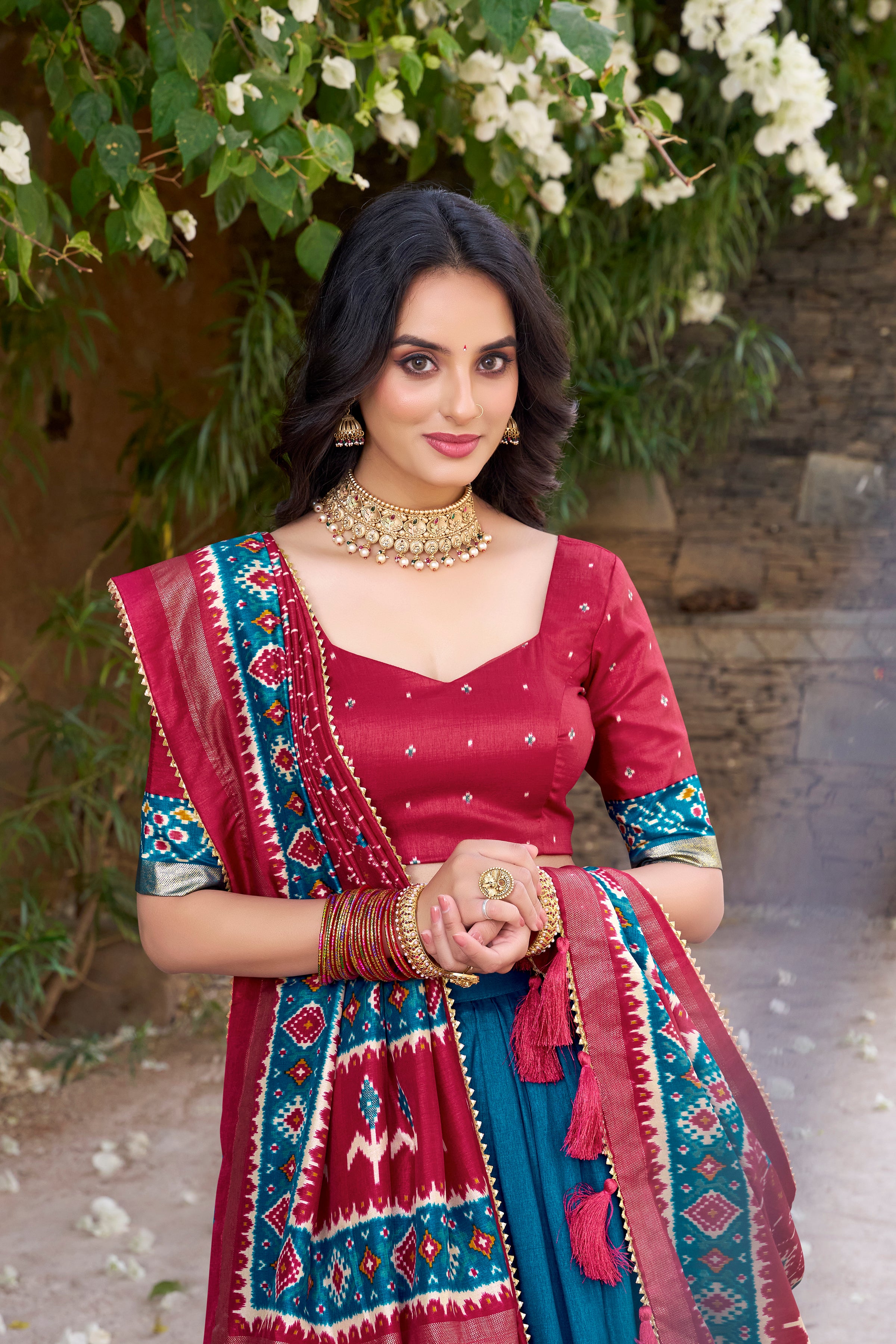 Women's Firozi Blue Tusser Silk Lehenga Choli with Floral Print, Foil Work & Gotta Patti Dupatta | Designer Festive & Wedding Wear