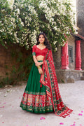Women's Green Tusser Silk Lehenga Choli with Floral Print, Foil Work &amp; Gotta Patti Dupatta | Designer Festive &amp; Wedding Wear