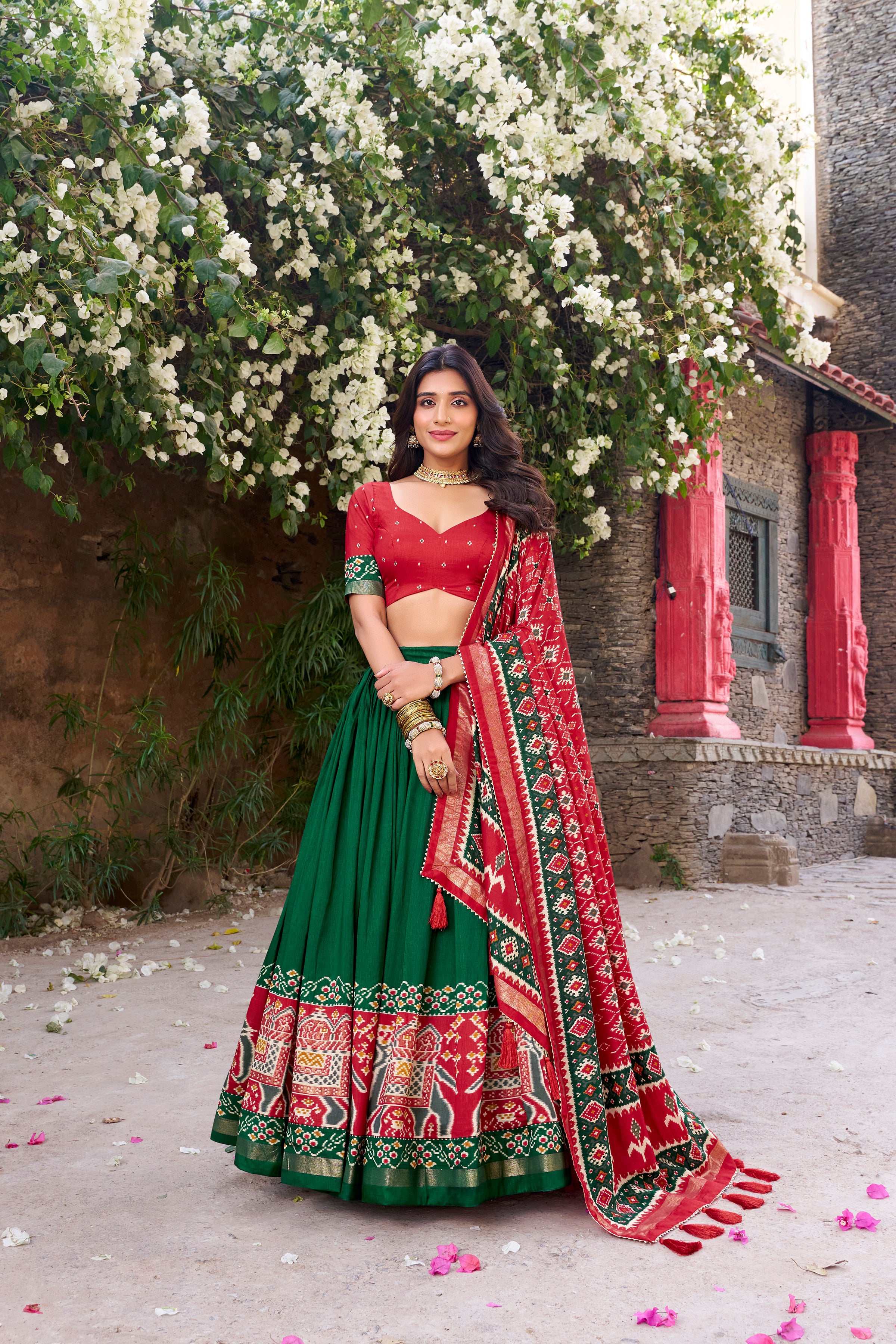 Women's Green Tusser Silk Lehenga Choli with Floral Print, Foil Work &amp; Gotta Patti Dupatta | Designer Festive &amp; Wedding Wear