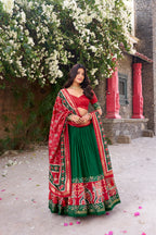 Women's Green Tusser Silk Lehenga Choli with Floral Print, Foil Work &amp; Gotta Patti Dupatta | Designer Festive &amp; Wedding Wear