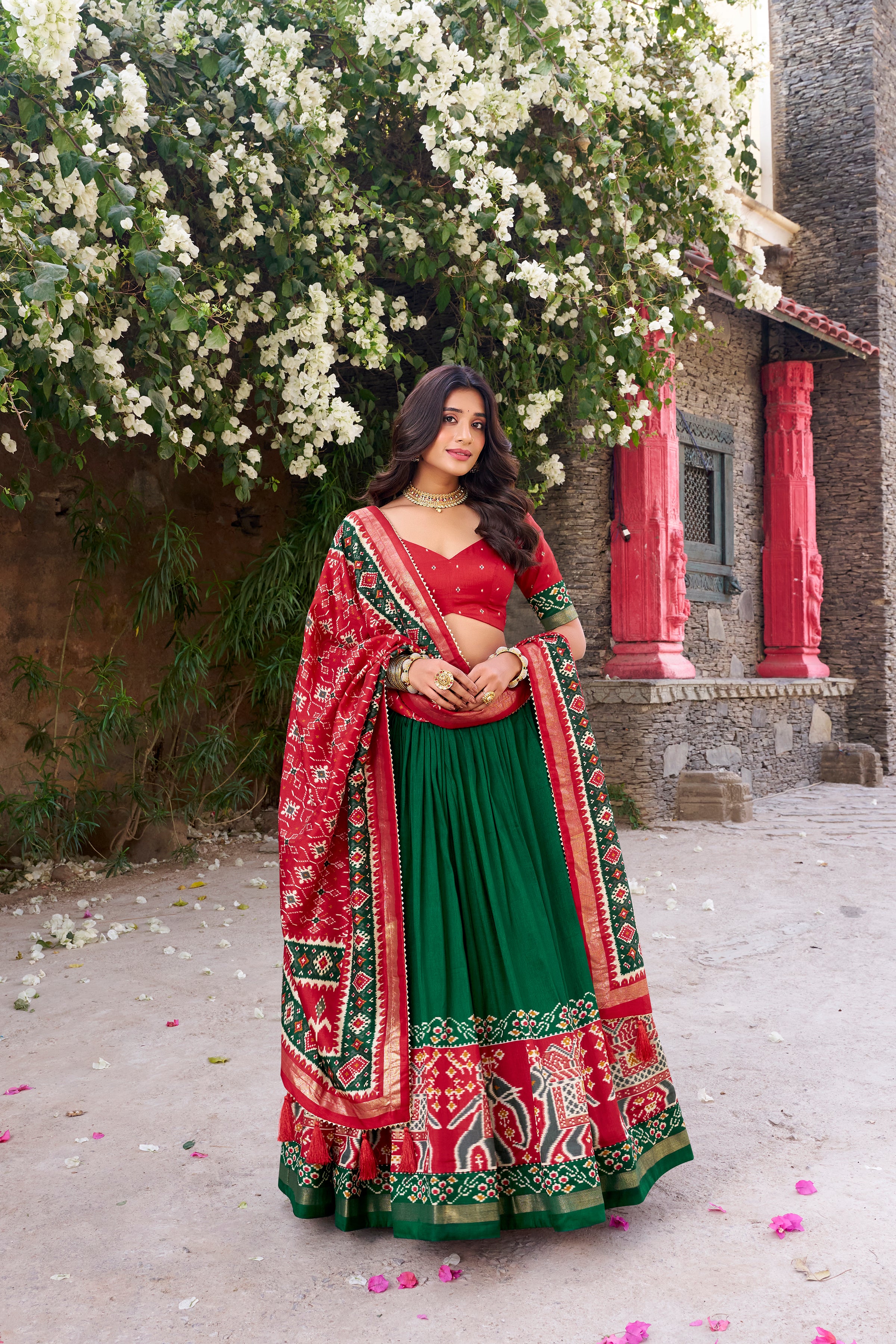 Women's Green Tusser Silk Lehenga Choli with Floral Print, Foil Work &amp; Gotta Patti Dupatta | Designer Festive &amp; Wedding Wear