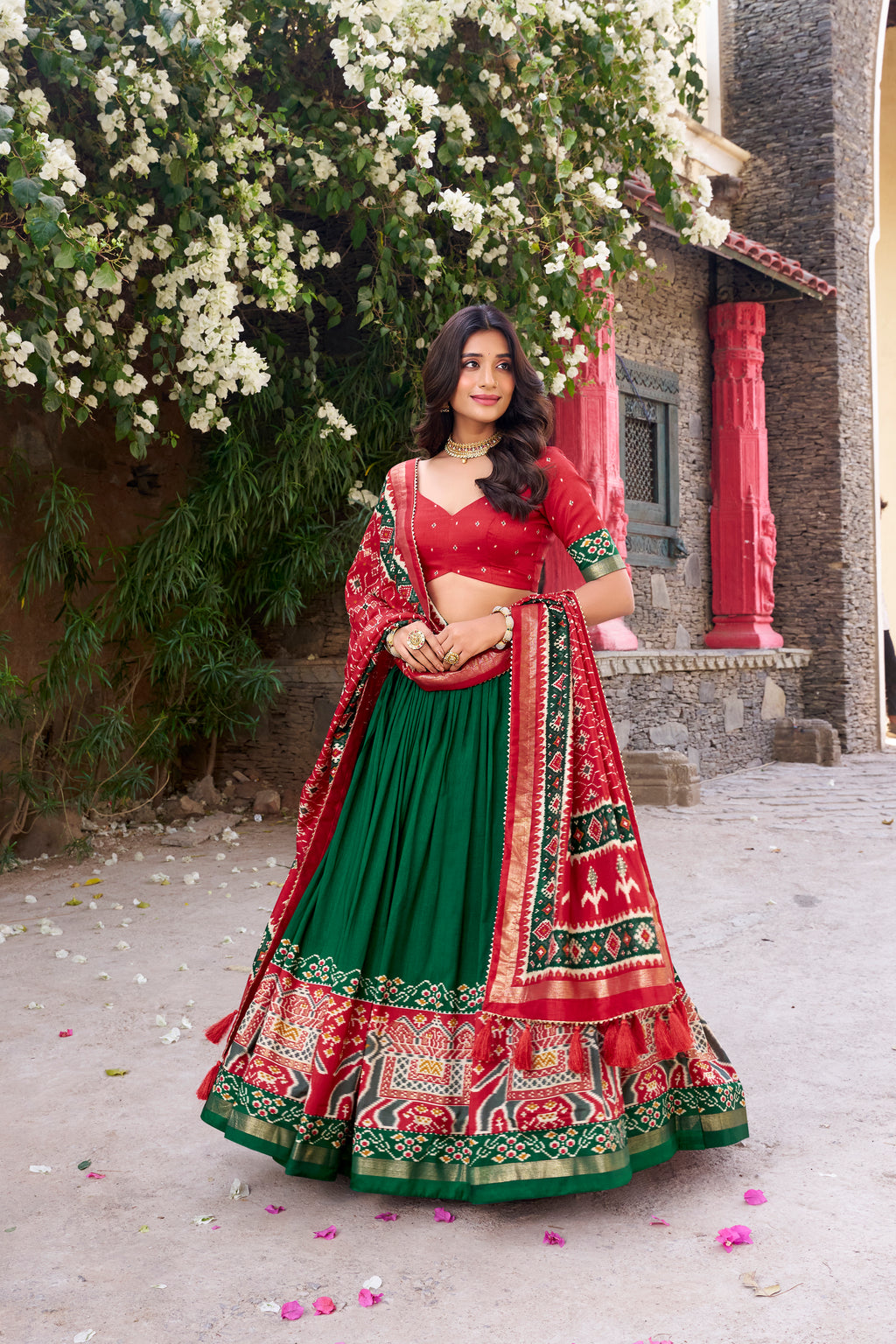 Women's Green Tusser Silk Lehenga Choli with Floral Print, Foil Work &amp; Gotta Patti Dupatta | Designer Festive &amp; Wedding Wear