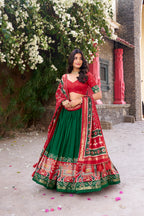 Women's Green Tusser Silk Lehenga Choli with Floral Print, Foil Work &amp; Gotta Patti Dupatta | Designer Festive &amp; Wedding Wear