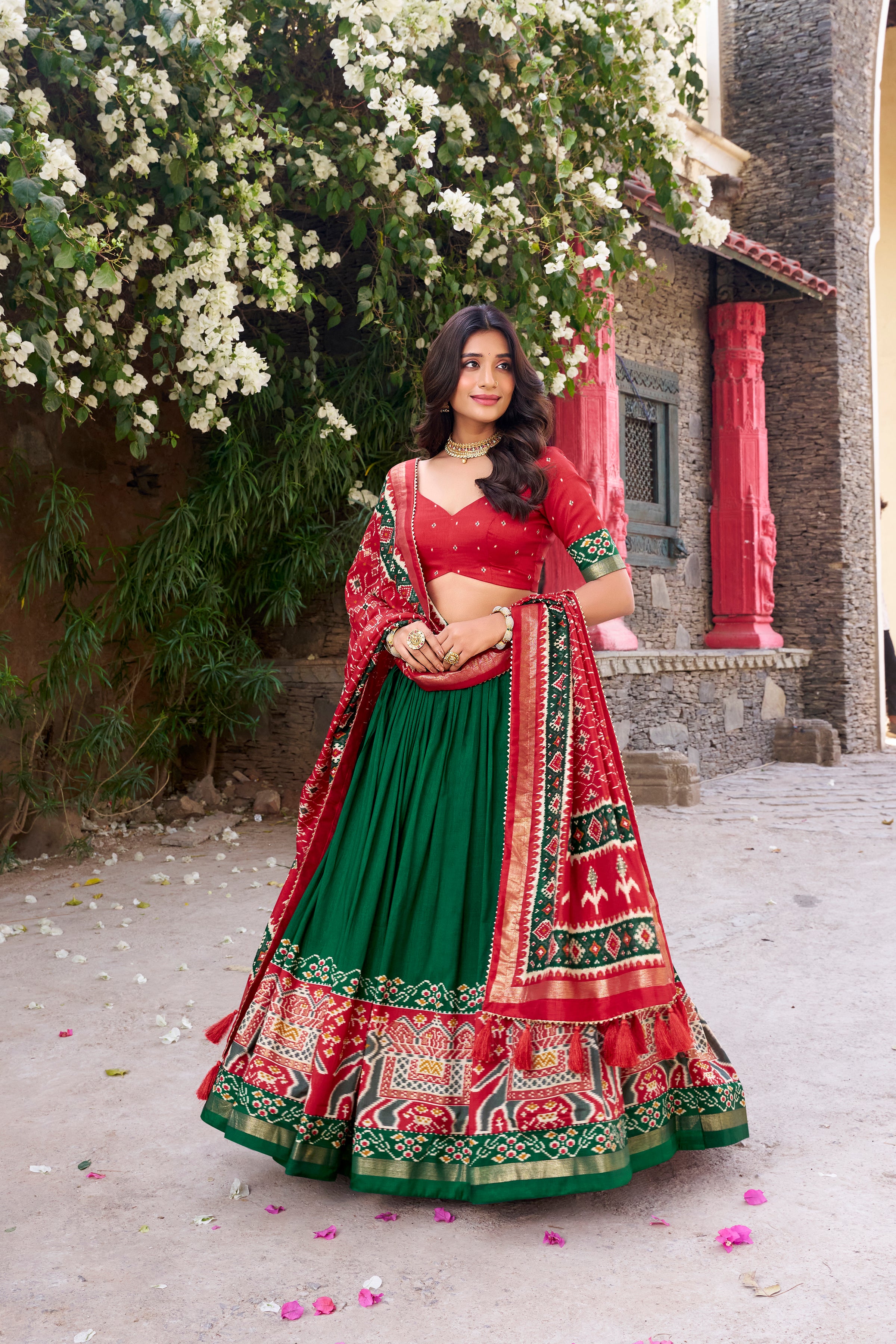 Women's Green Tusser Silk Lehenga Choli with Floral Print, Foil Work &amp; Gotta Patti Dupatta | Designer Festive &amp; Wedding Wear