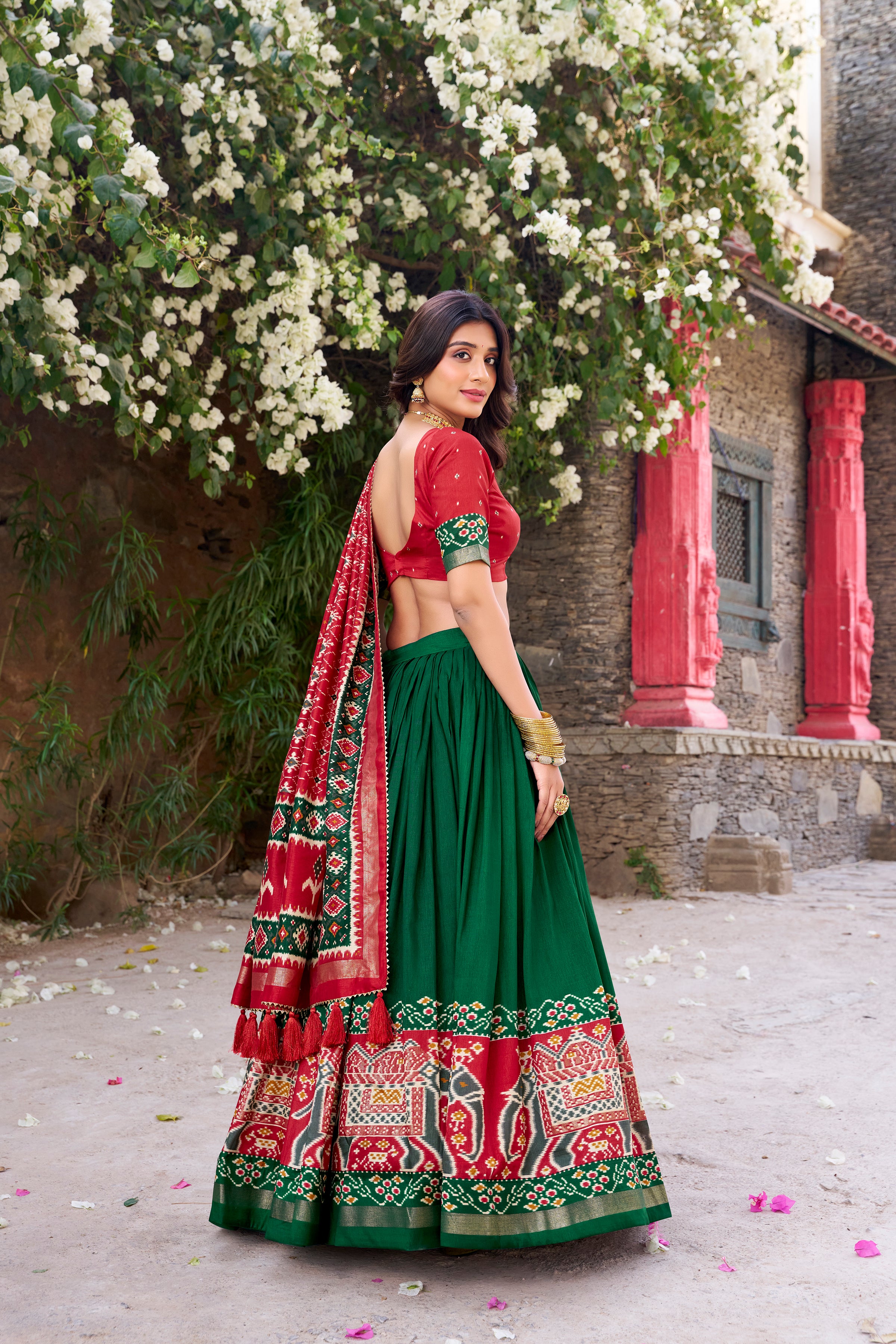 Women's Green Tusser Silk Lehenga Choli with Floral Print, Foil Work &amp; Gotta Patti Dupatta | Designer Festive &amp; Wedding Wear