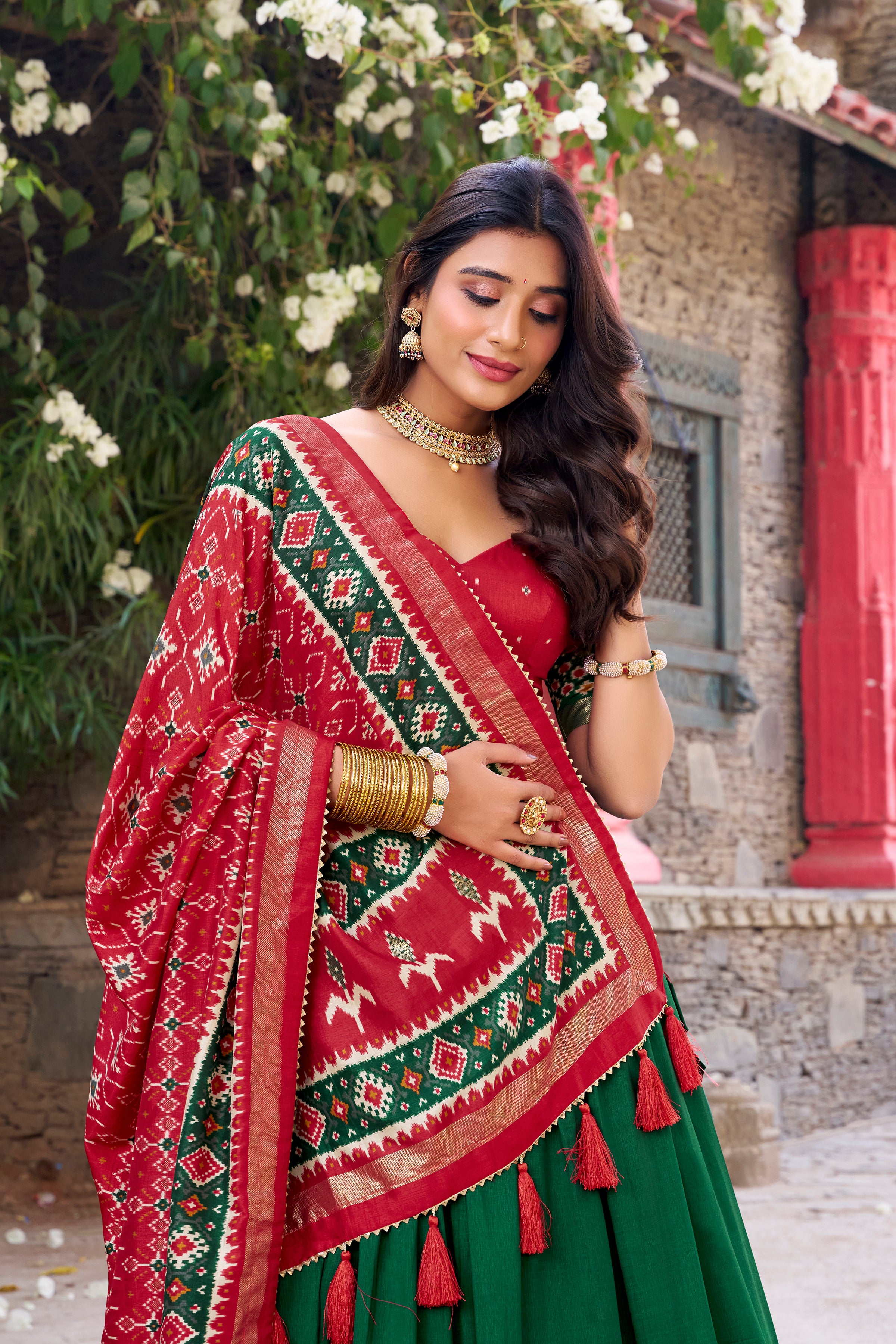 Women's Green Tusser Silk Lehenga Choli with Floral Print, Foil Work &amp; Gotta Patti Dupatta | Designer Festive &amp; Wedding Wear