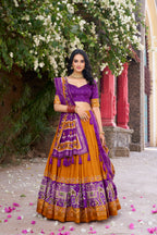 Women's Mustard Yellow Tusser Silk Lehenga Choli with Floral Print, Foil Work & Gotta Patti Dupatta | Designer Festive & Wedding Wear