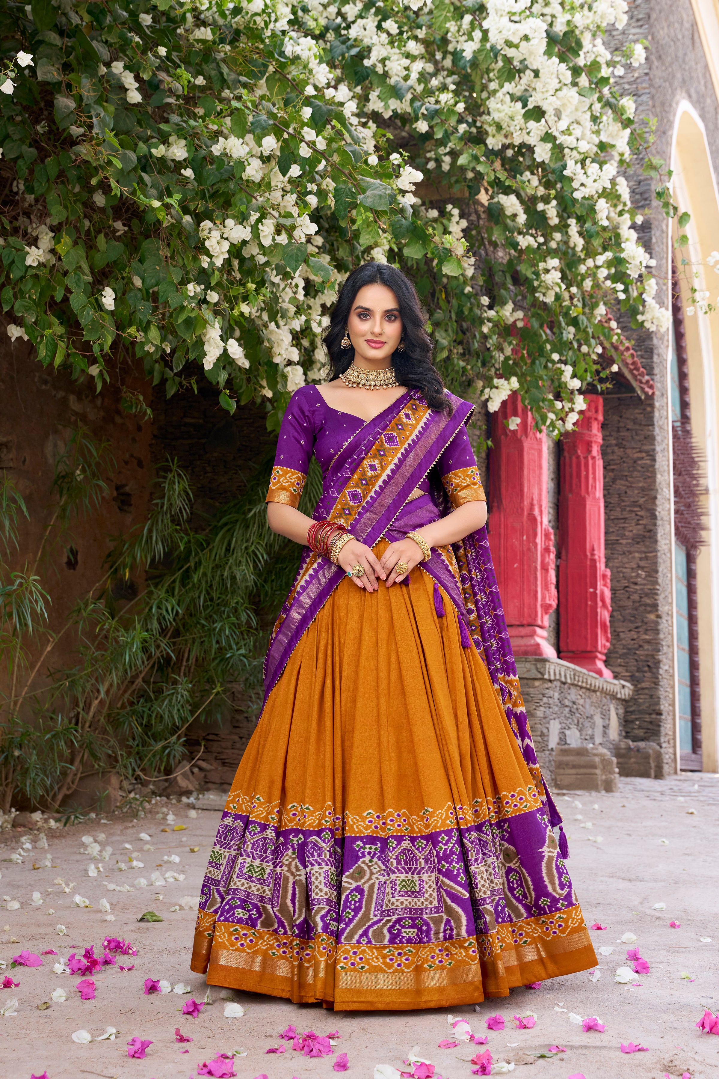 Women's Mustard Yellow Tusser Silk Lehenga Choli with Floral Print, Foil Work & Gotta Patti Dupatta | Designer Festive & Wedding Wear
