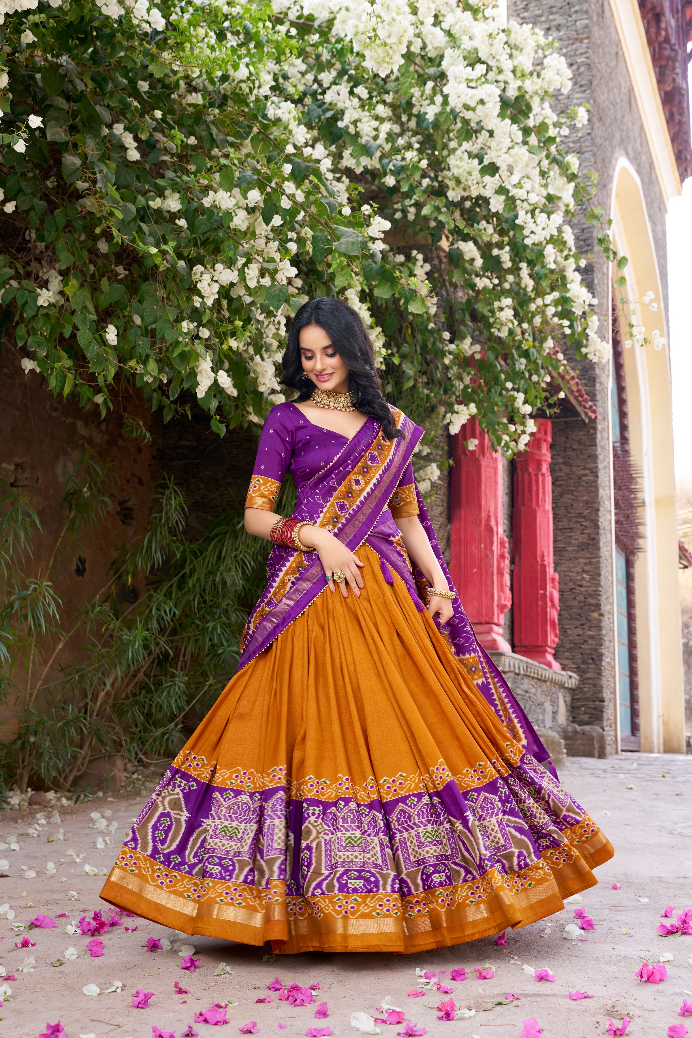 Women's Mustard Yellow Tusser Silk Lehenga Choli with Floral Print, Foil Work & Gotta Patti Dupatta | Designer Festive & Wedding Wear