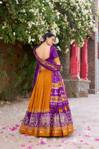 Women's Mustard Yellow Tusser Silk Lehenga Choli with Floral Print, Foil Work & Gotta Patti Dupatta | Designer Festive & Wedding Wear