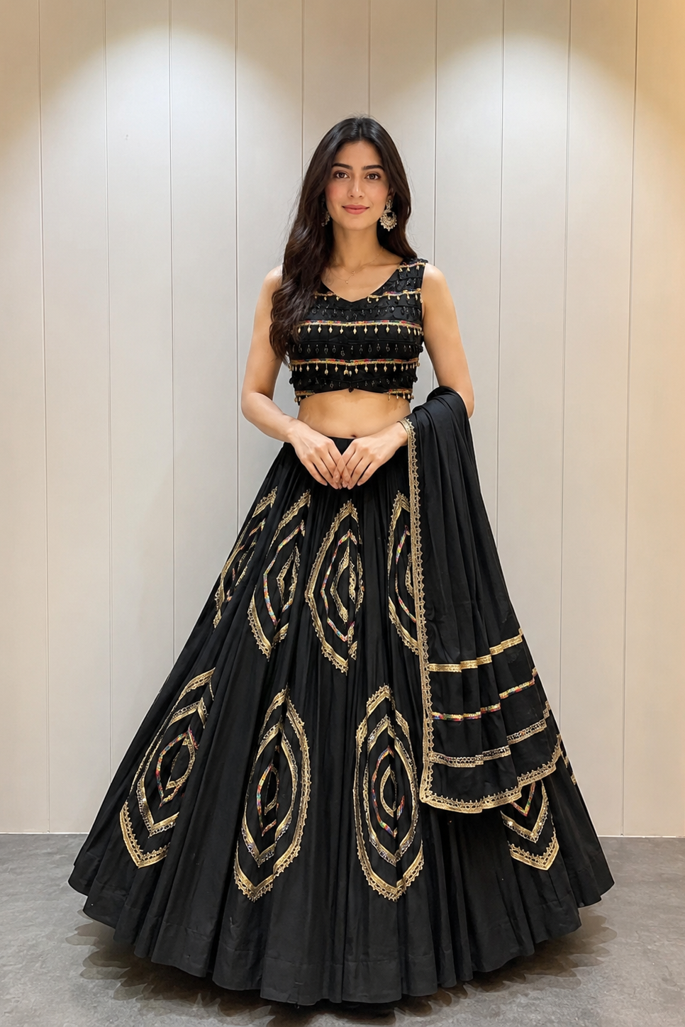 Women's Black Roman Cotton Navratri Lehenga Choli with Dupatta | Fancy Multi Lace Work | 6 Meter Flare Garba & Dandiya Festival Wear