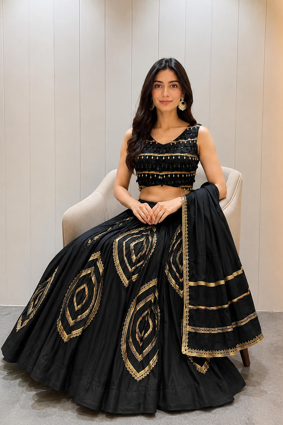 Women's Black Roman Cotton Navratri Lehenga Choli with Dupatta | Fancy Multi Lace Work | 6 Meter Flare Garba & Dandiya Festival Wear