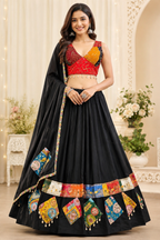 Women's Black Rayon Navratri Lehenga Choli with Gamthi Patch Work & Dupatta | Traditional Dandiya, Festival & Ethnic Wear