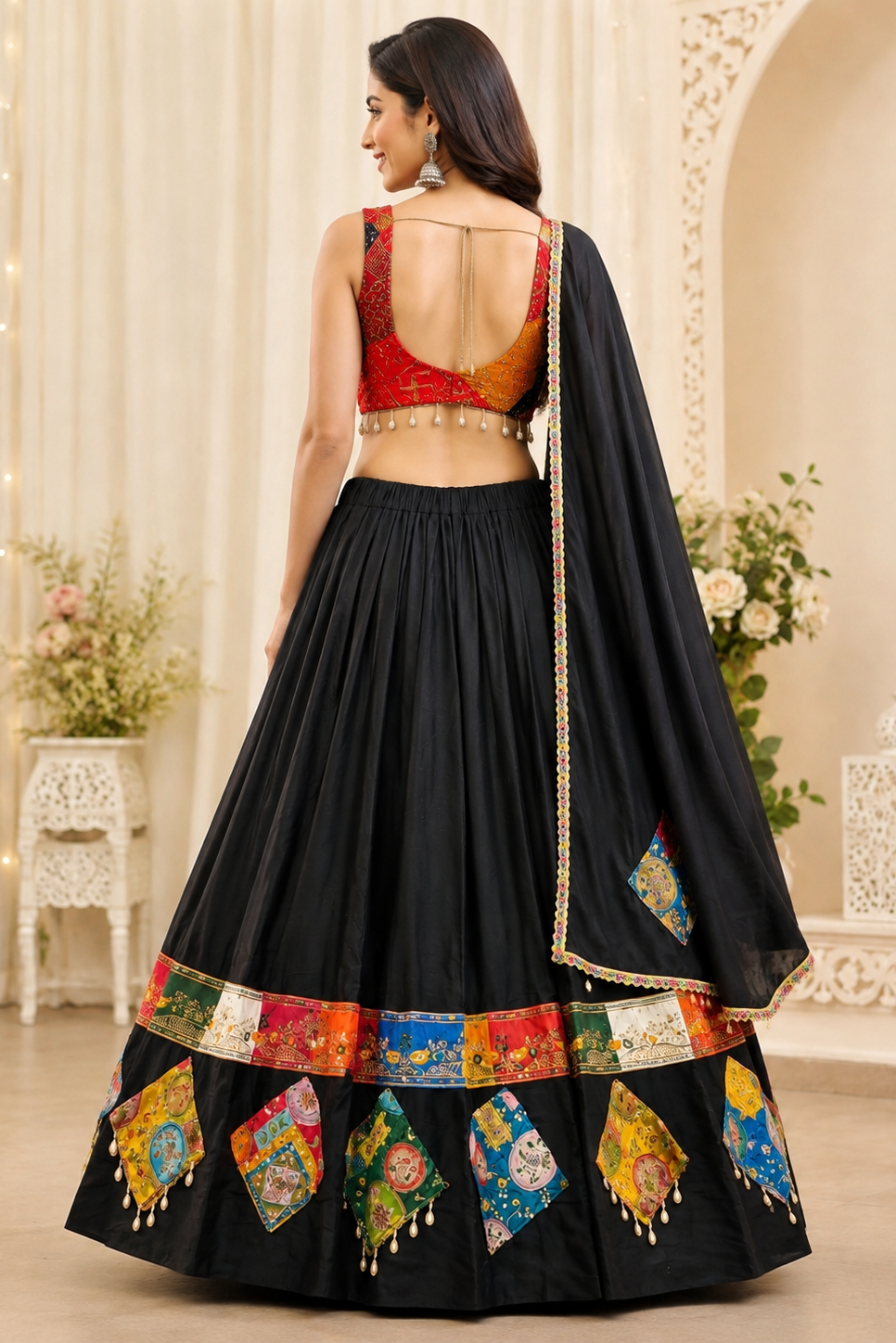 Women's Black Rayon Navratri Lehenga Choli with Gamthi Patch Work & Dupatta | Traditional Dandiya, Festival & Ethnic Wear
