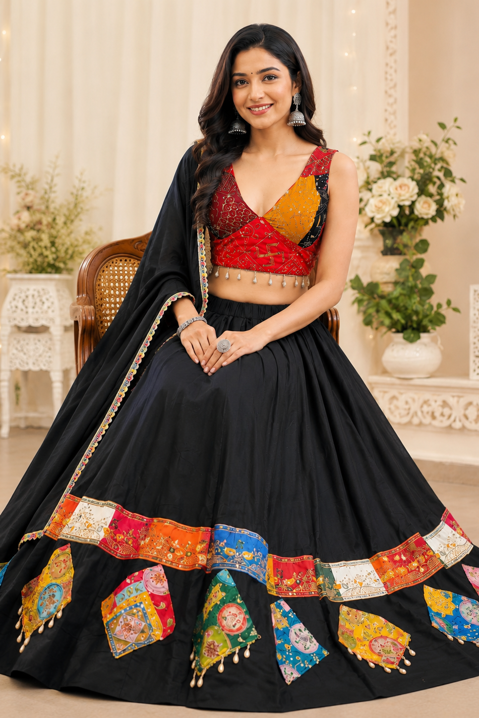 Women's Black Rayon Navratri Lehenga Choli with Gamthi Patch Work & Dupatta | Traditional Dandiya, Festival & Ethnic Wear