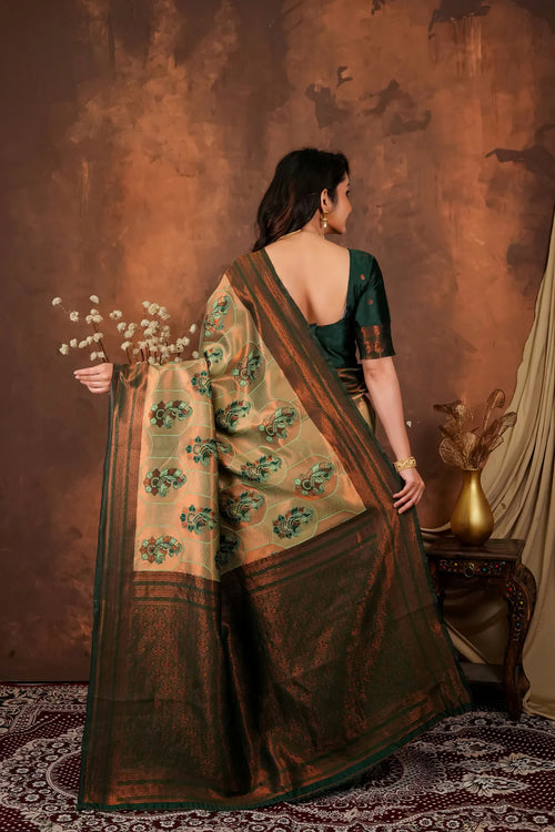 Antique Gold & Forest Green Jacquard Silk Saree with Traditional Motifs