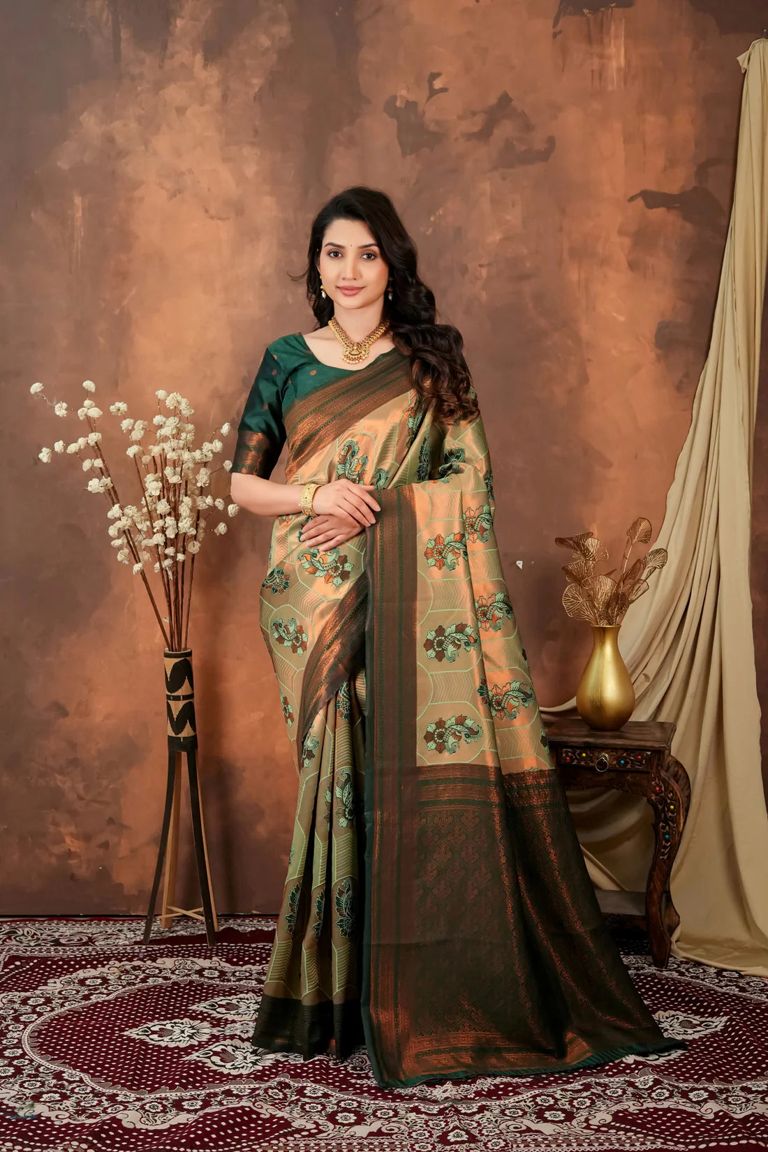 Antique Gold & Forest Green Jacquard Silk Saree with Traditional Motifs