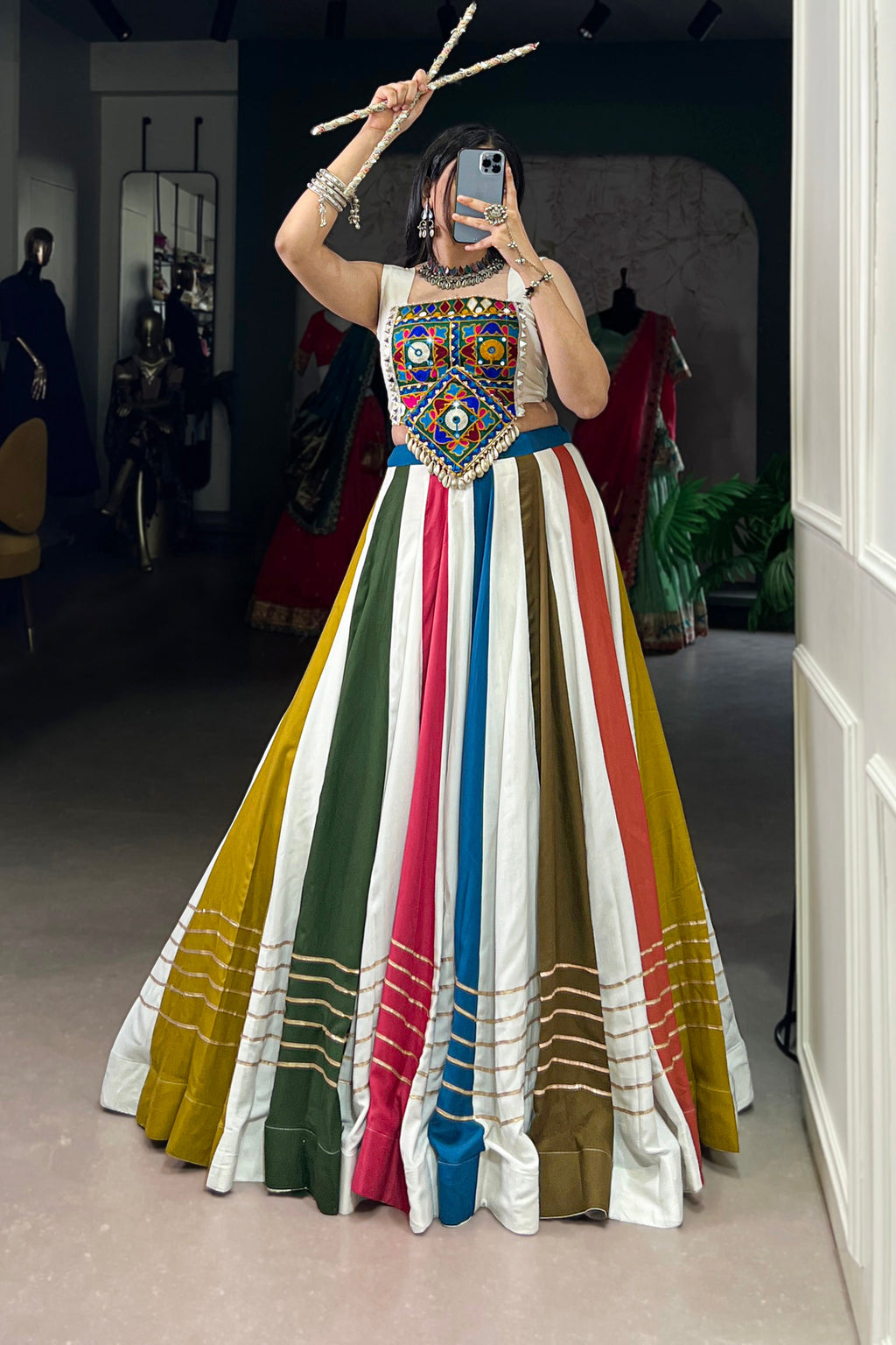 Premium Multicolor Gamthi Mirror Work Lehenga Choli for Women | Pure Rayon | Navratri & Garba Wear