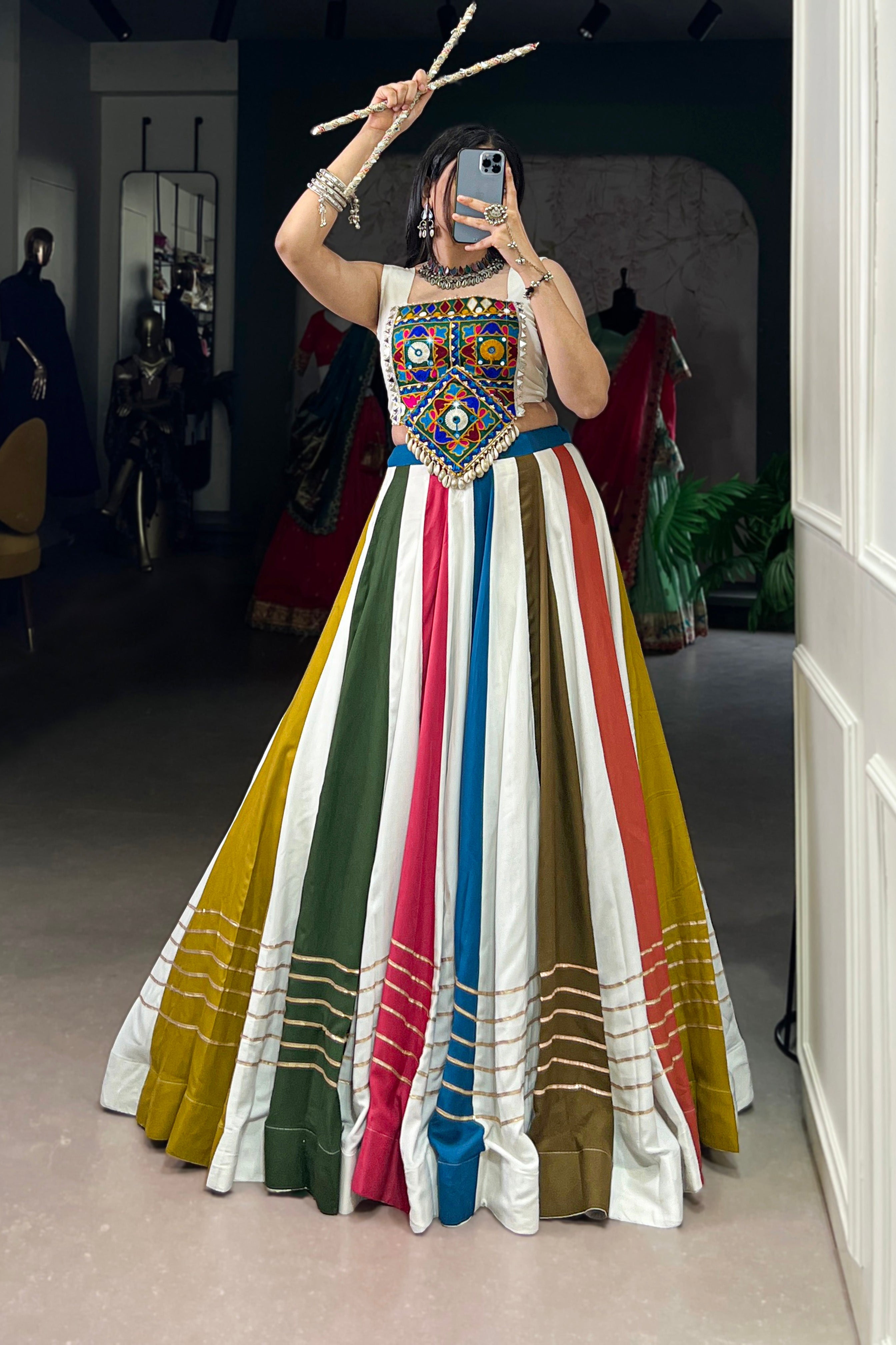 Premium Multicolor Gamthi Mirror Work Lehenga Choli for Women | Pure Rayon | Navratri & Garba Wear