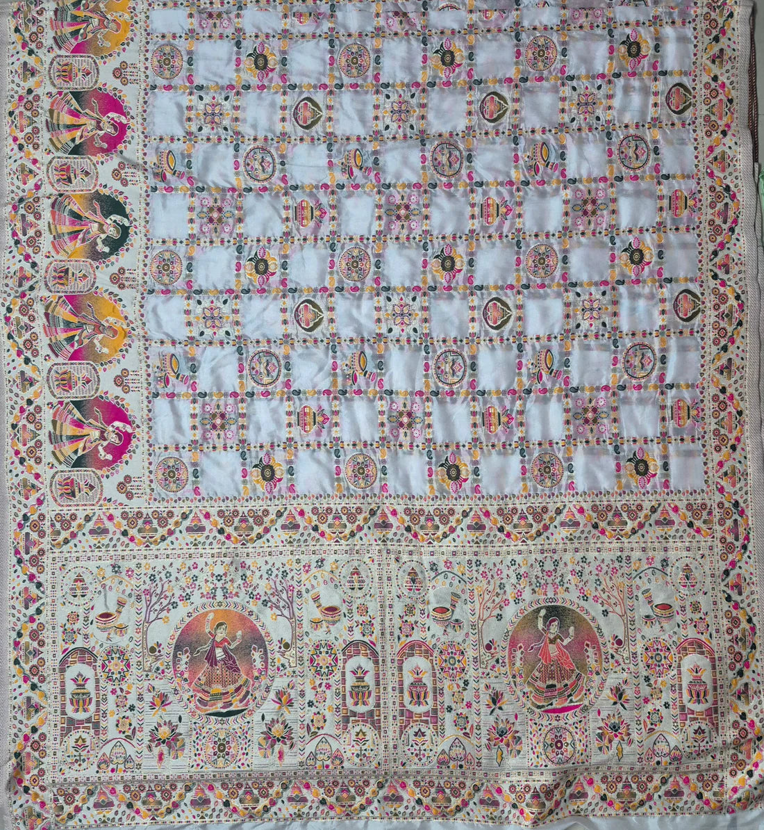 white Pashmina Silk Saree with Multicolor Woven Traditional Designer Pallu