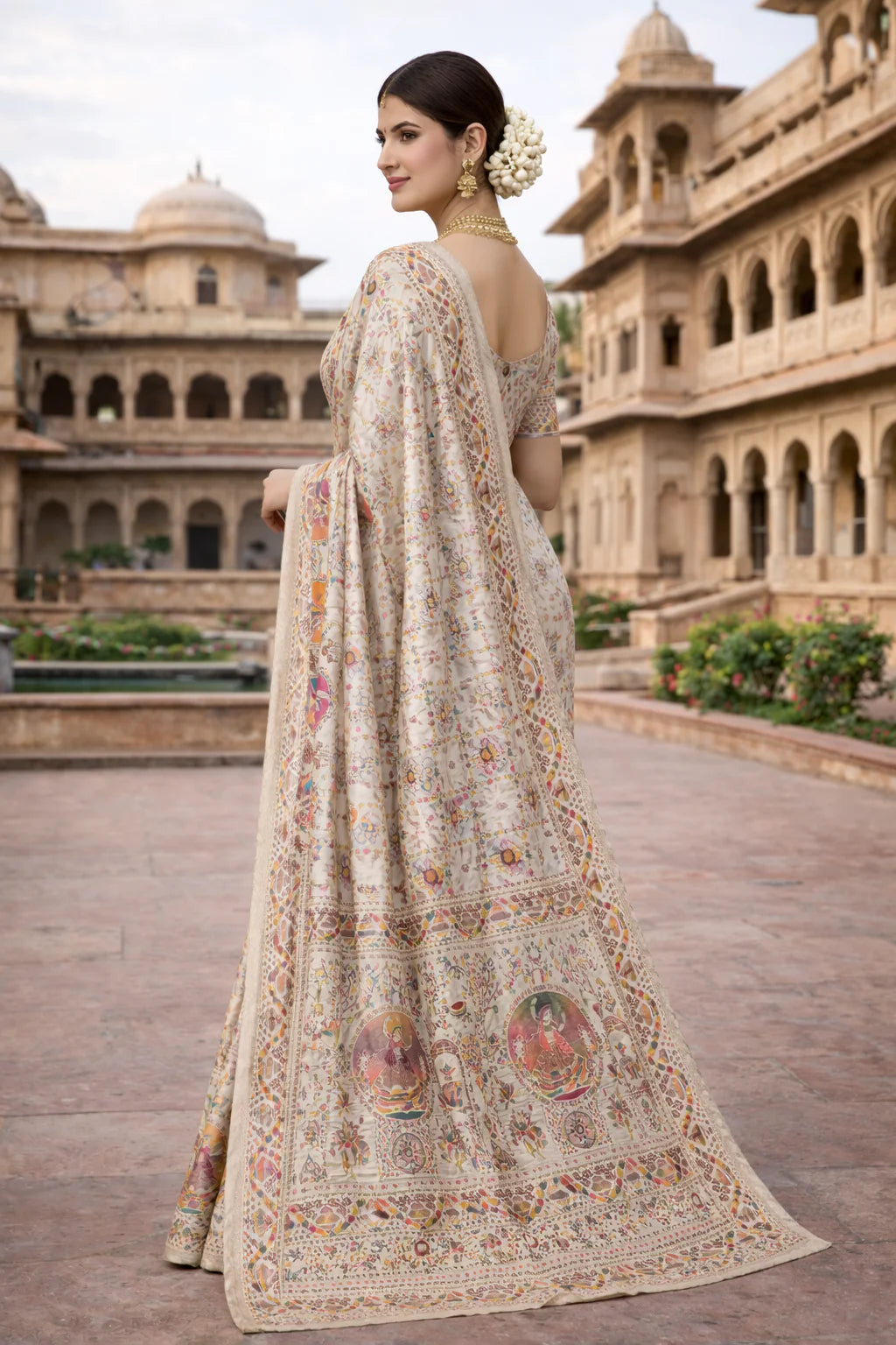 white Pashmina Silk Saree with Multicolor Woven Traditional Designer Pallu