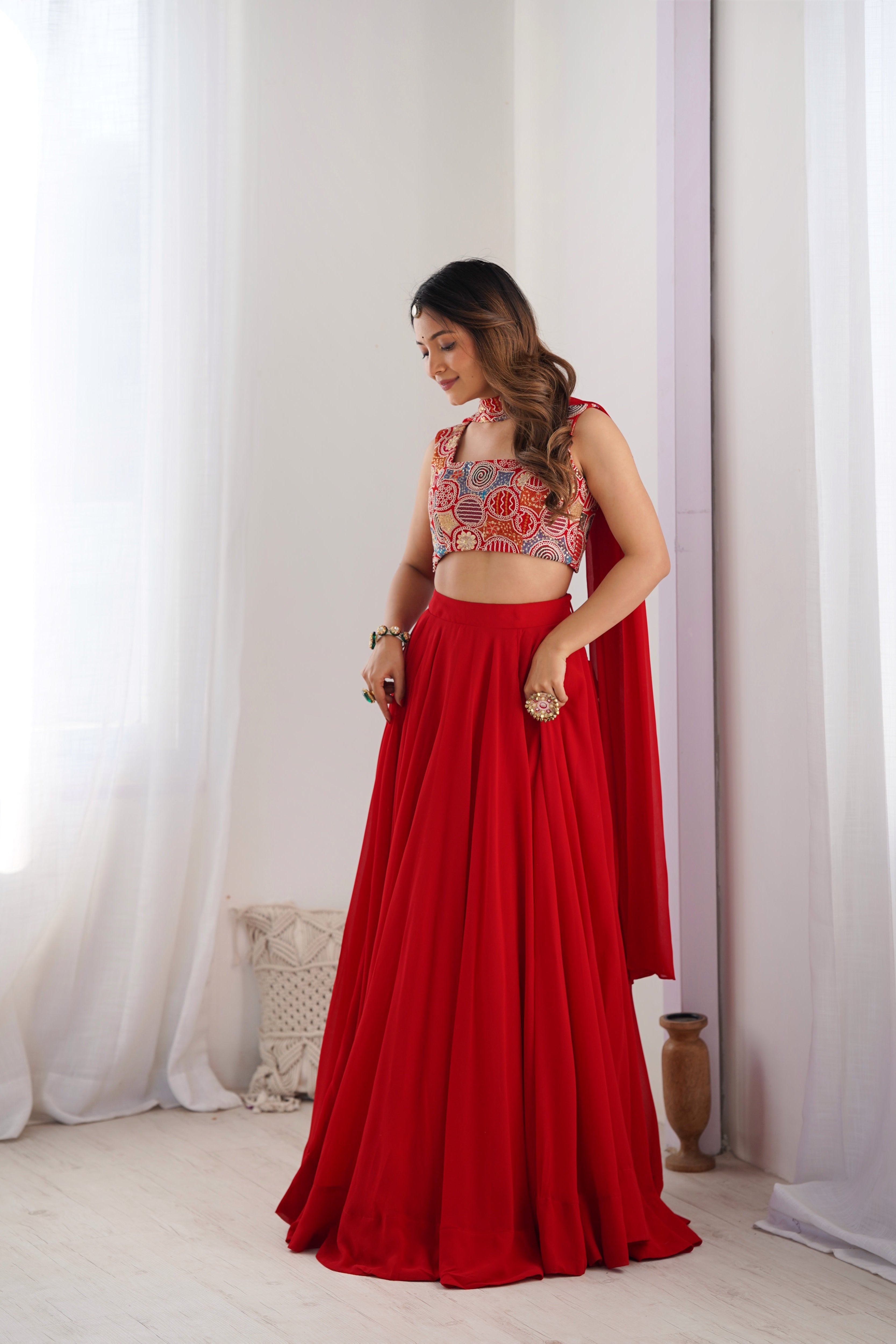 Women's Red Georgette Lehenga Choli with Embroidered Blouse & Dupatta | 6 Meter Flair | Festive, Wedding & Party Wear
