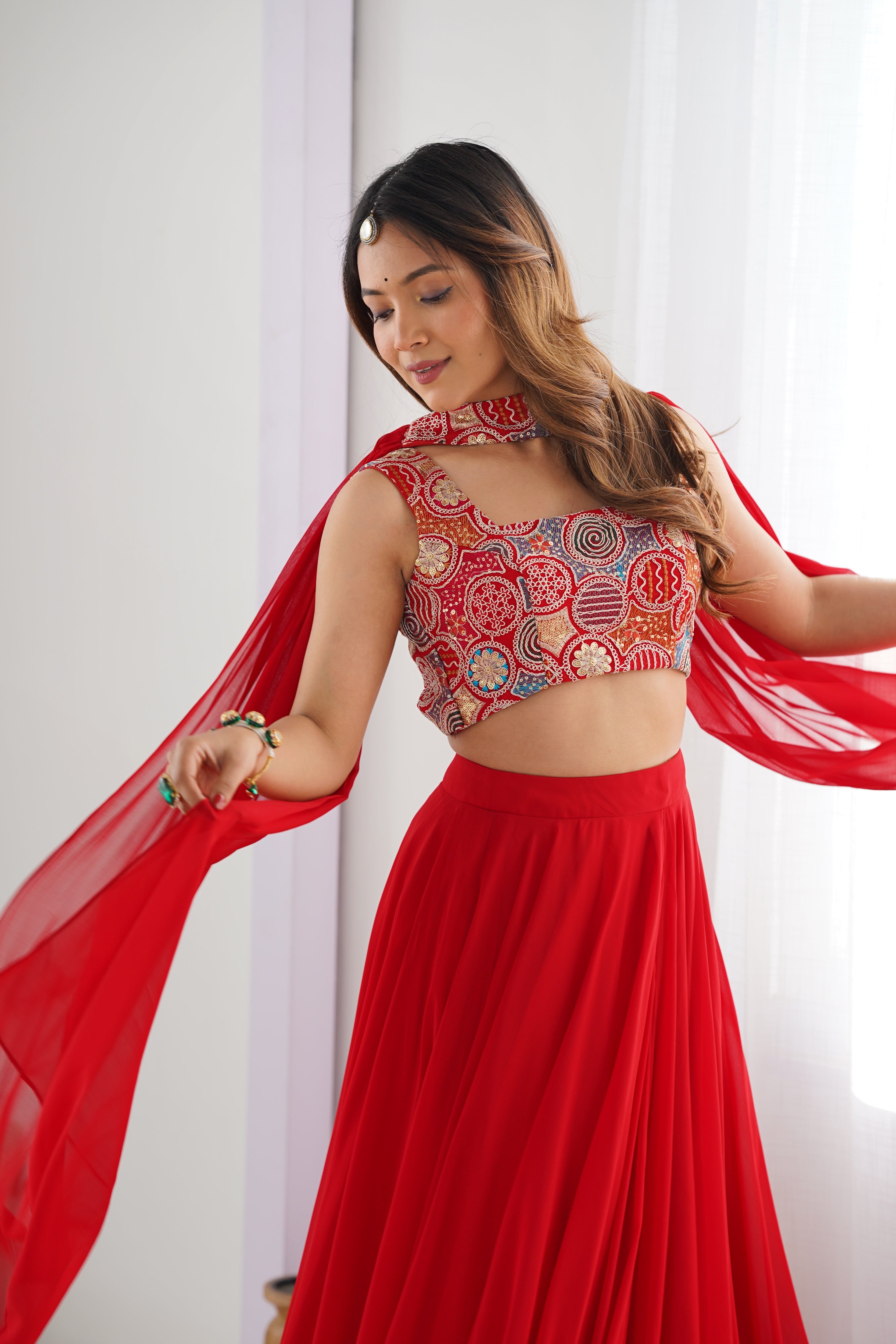 Women's Red Georgette Lehenga Choli with Embroidered Blouse & Dupatta | 6 Meter Flair | Festive, Wedding & Party Wear