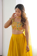 Women's Mustard Yellow Georgette Lehenga Choli with Printed Blouse & Dupatta | Flared Festive & Wedding Wear