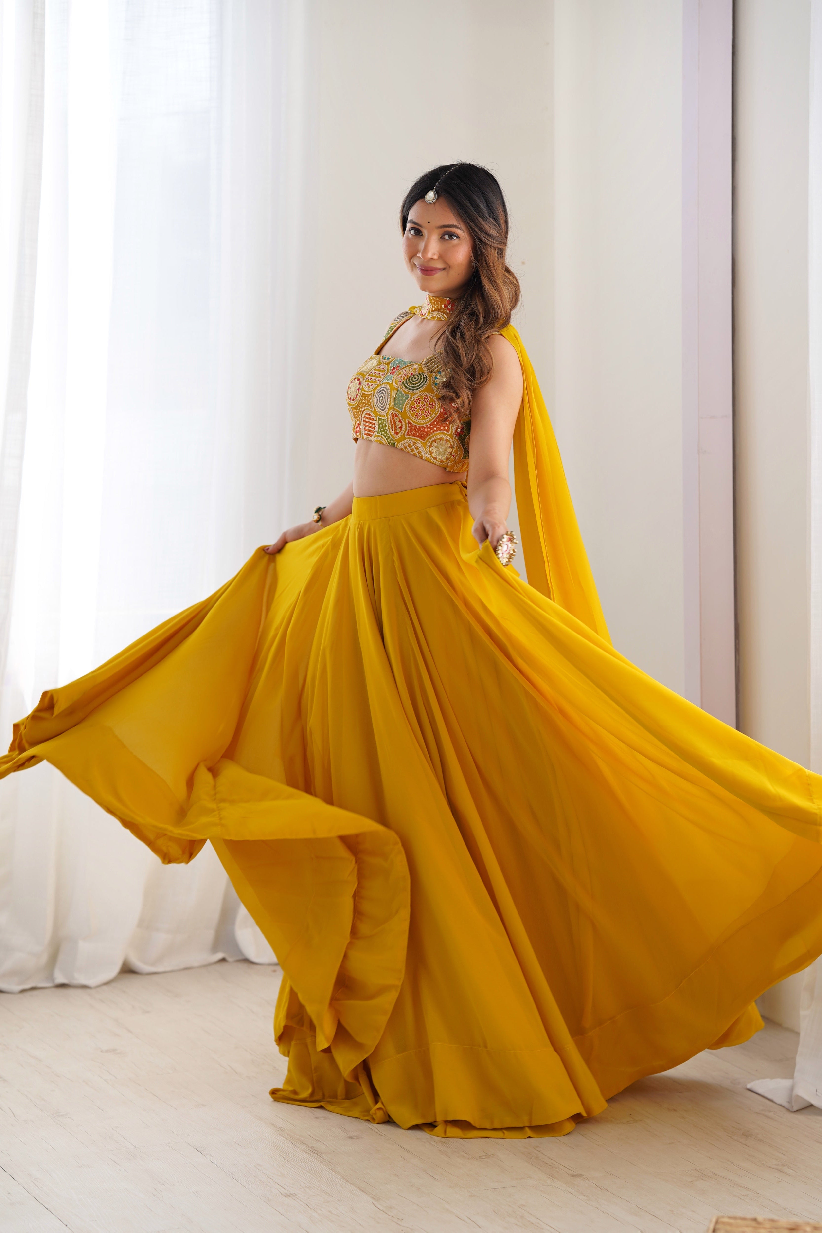 Women's Mustard Yellow Georgette Lehenga Choli with Printed Blouse & Dupatta | Flared Festive & Wedding Wear