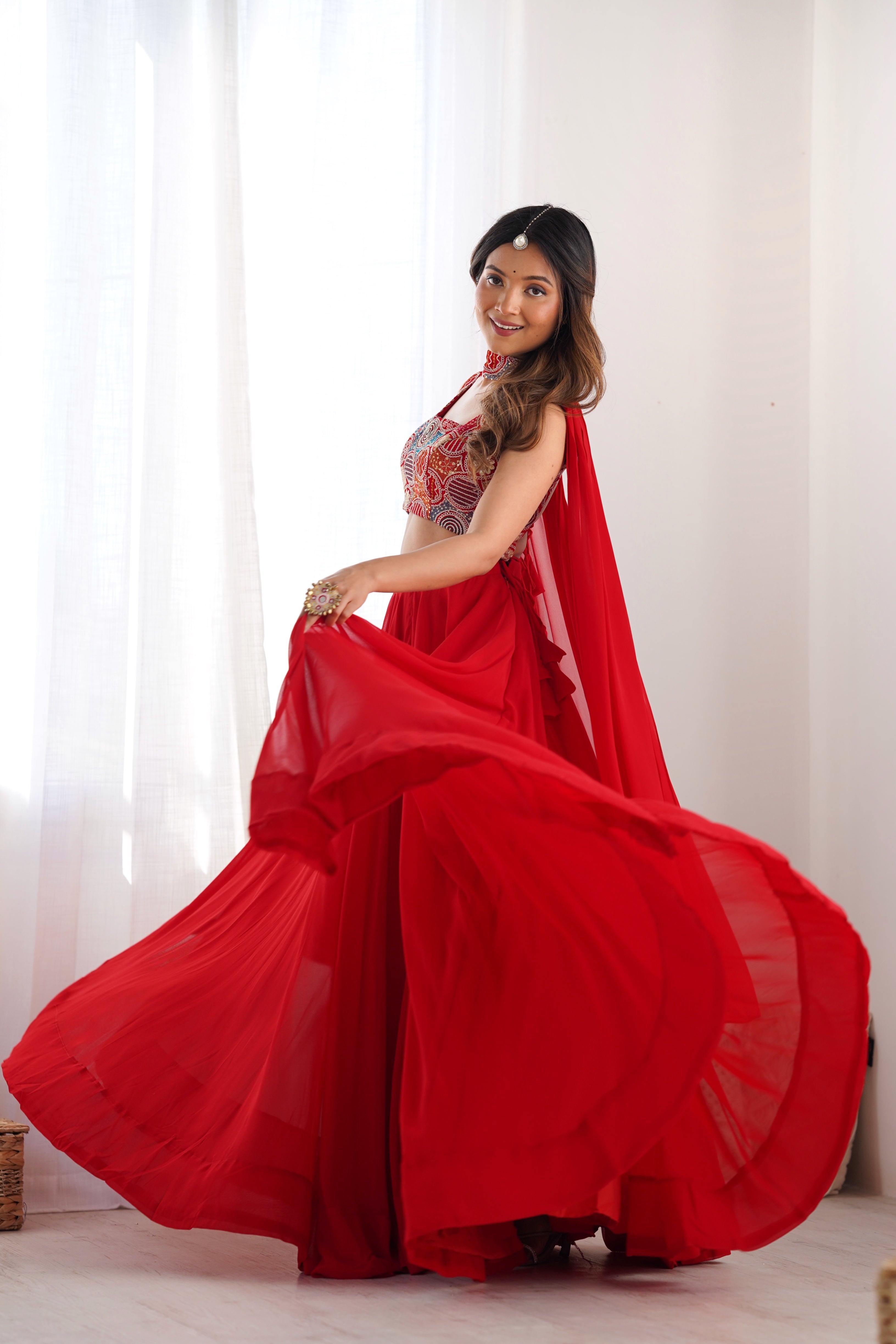 Women's Red Georgette Lehenga Choli with Embroidered Blouse & Dupatta | 6 Meter Flair | Festive, Wedding & Party Wear