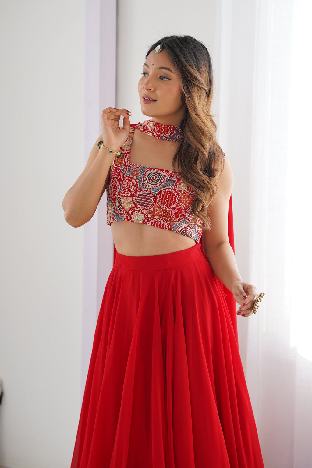 Women's Red Georgette Lehenga Choli with Embroidered Blouse & Dupatta | 6 Meter Flair | Festive, Wedding & Party Wear