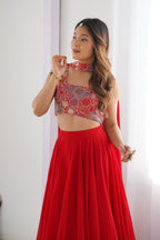 Women's Red Georgette Lehenga Choli with Embroidered Blouse & Dupatta | 6 Meter Flair | Festive, Wedding & Party Wear