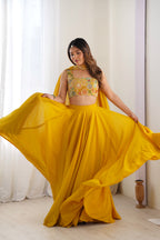 Women's Mustard Yellow Georgette Lehenga Choli with Printed Blouse & Dupatta | Flared Festive & Wedding Wear