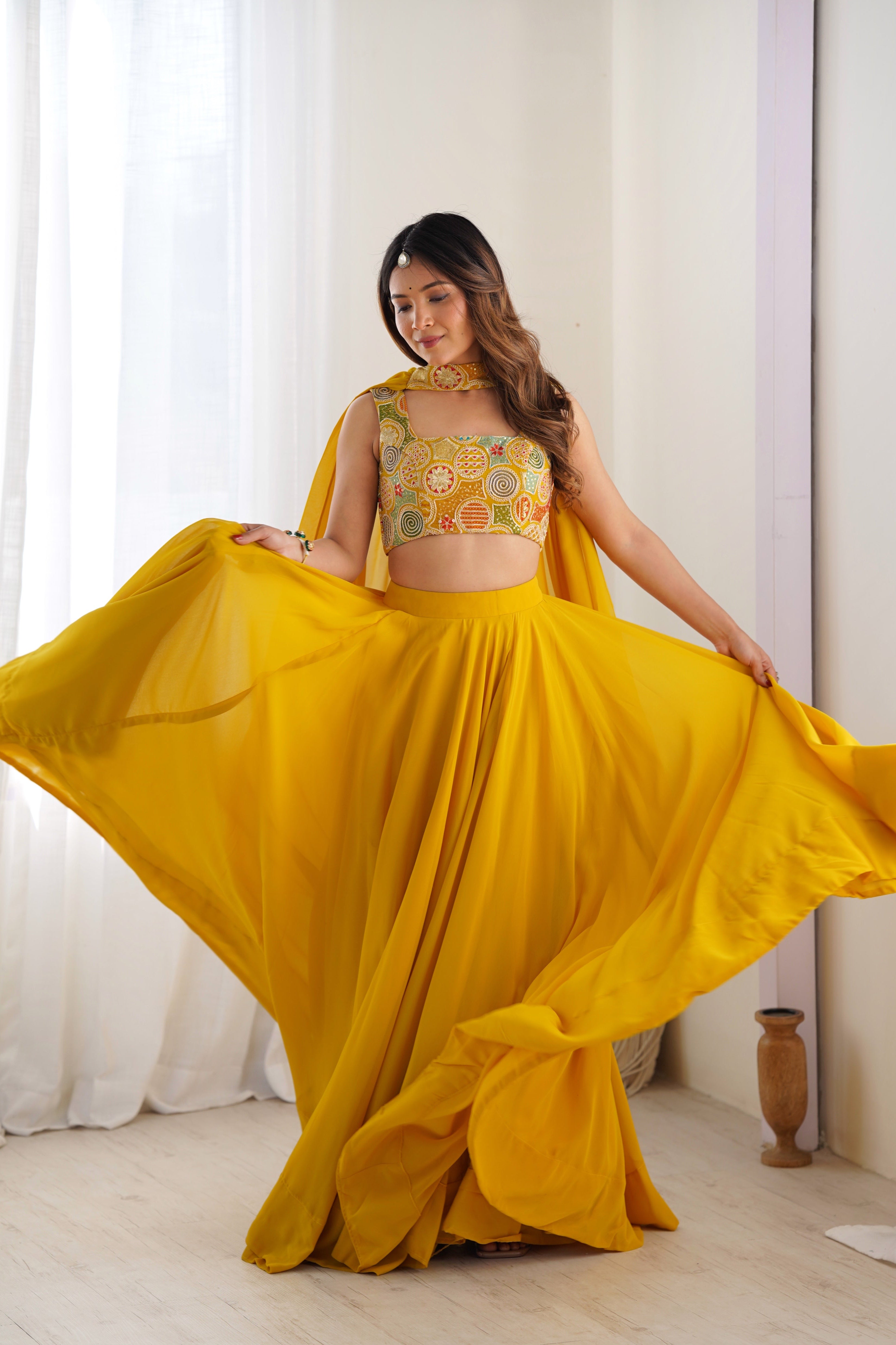 Women's Mustard Yellow Georgette Lehenga Choli with Printed Blouse & Dupatta | Flared Festive & Wedding Wear