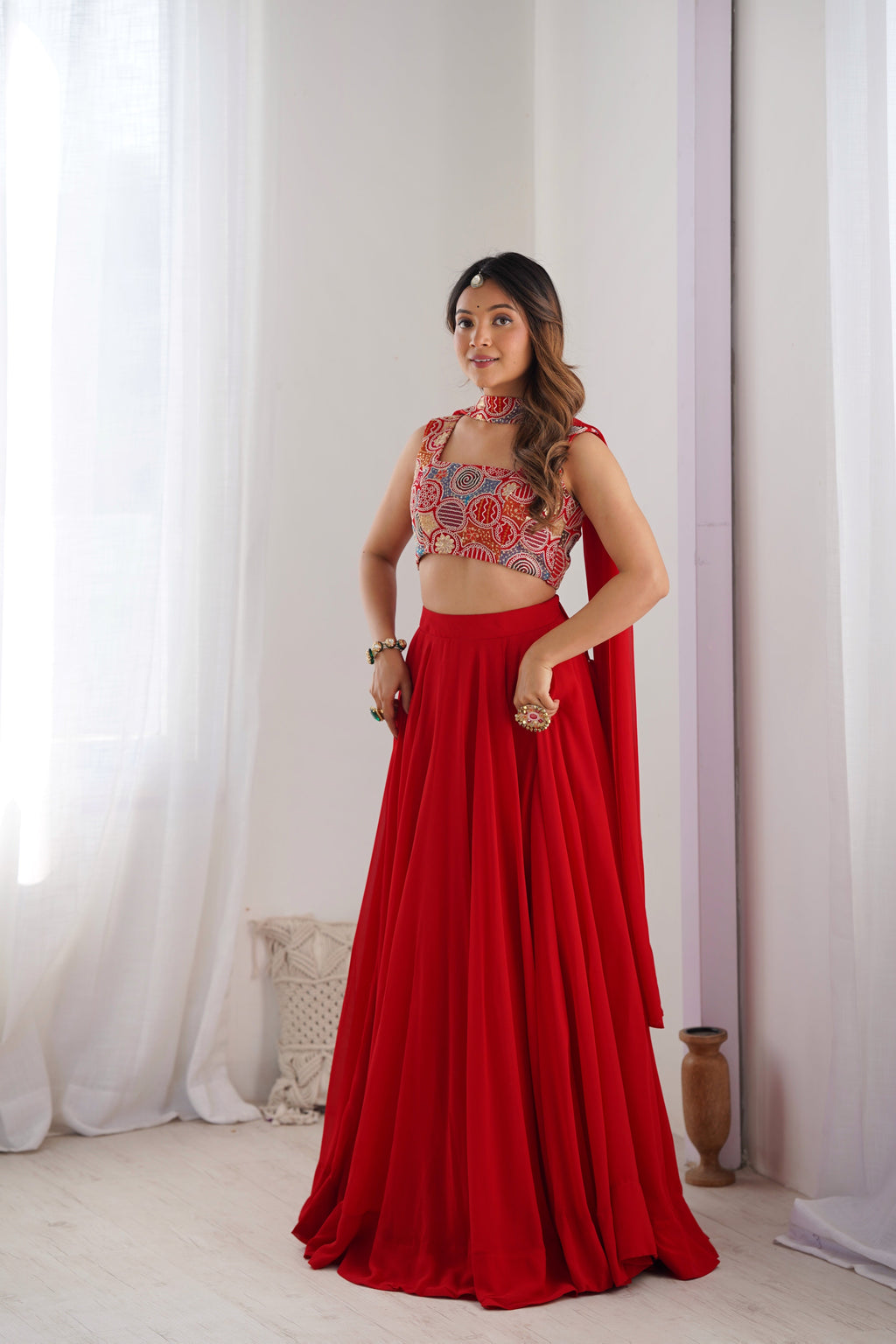 Women's Red Georgette Lehenga Choli with Embroidered Blouse & Dupatta | 6 Meter Flair | Festive, Wedding & Party Wear