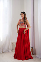 Women's Red Georgette Lehenga Choli with Embroidered Blouse & Dupatta | 6 Meter Flair | Festive, Wedding & Party Wear