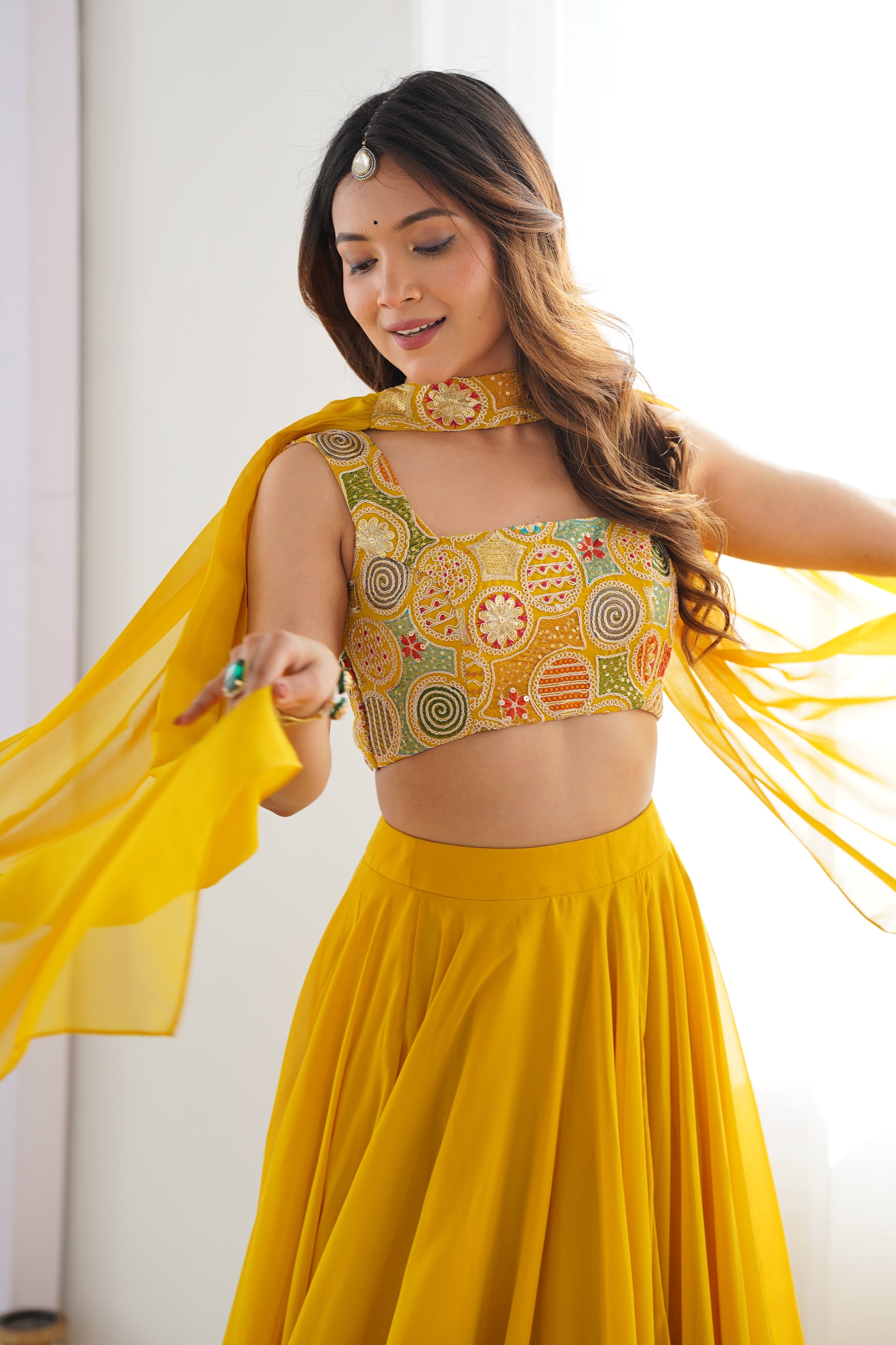 Women's Mustard Yellow Georgette Lehenga Choli with Printed Blouse & Dupatta | Flared Festive & Wedding Wear