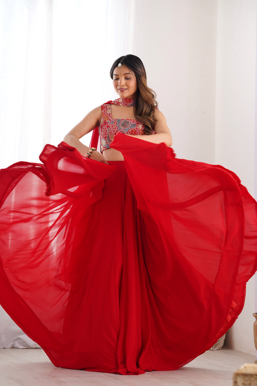 Women's Red Georgette Lehenga Choli with Embroidered Blouse & Dupatta | 6 Meter Flair | Festive, Wedding & Party Wear