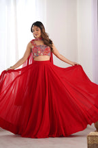 Women's Red Georgette Lehenga Choli with Embroidered Blouse & Dupatta | 6 Meter Flair | Festive, Wedding & Party Wear