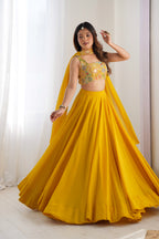 Women's Mustard Yellow Georgette Lehenga Choli with Printed Blouse & Dupatta | Flared Festive & Wedding Wear