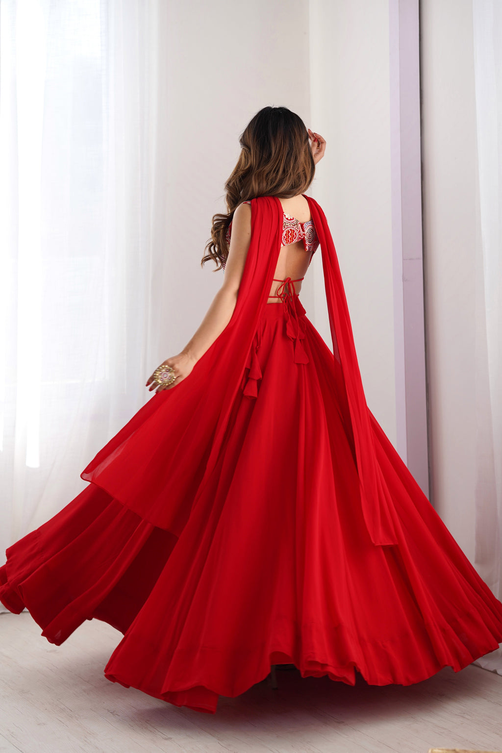 Women's Red Georgette Lehenga Choli with Embroidered Blouse & Dupatta | 6 Meter Flair | Festive, Wedding & Party Wear