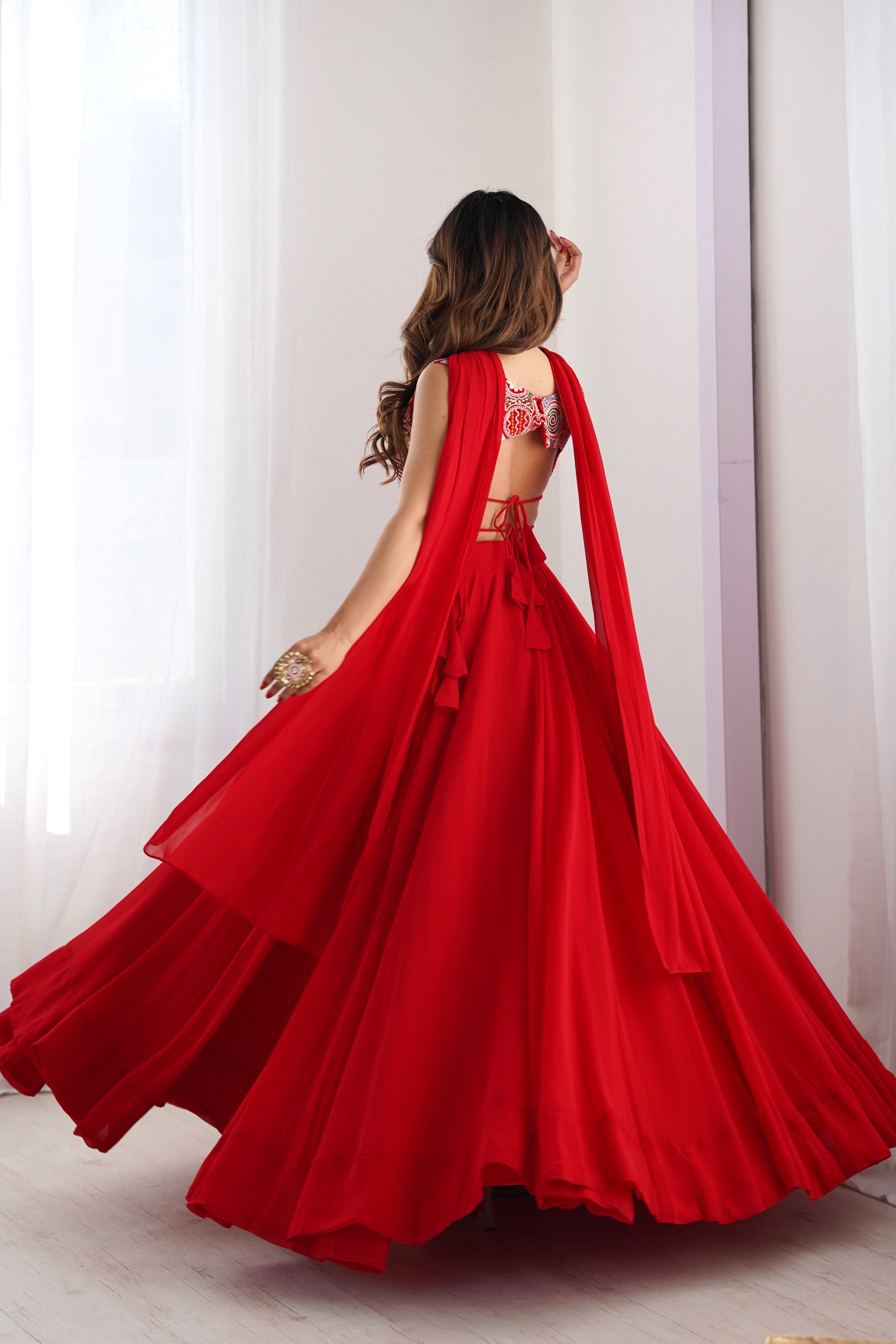 Women's Red Georgette Lehenga Choli with Embroidered Blouse & Dupatta | 6 Meter Flair | Festive, Wedding & Party Wear