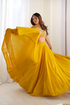 Women's Mustard Yellow Georgette Lehenga Choli with Printed Blouse & Dupatta | Flared Festive & Wedding Wear
