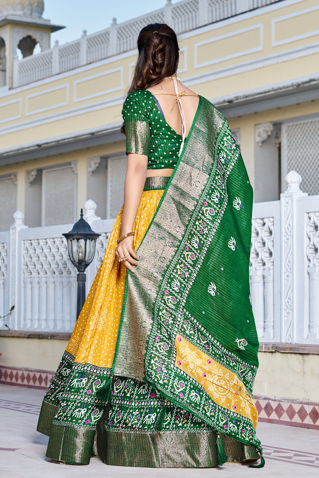 Women's Yellow & Green Heavy Lichi Silk Lehenga Choli with Jacquard Print, Zari Work & Designer Dupatta