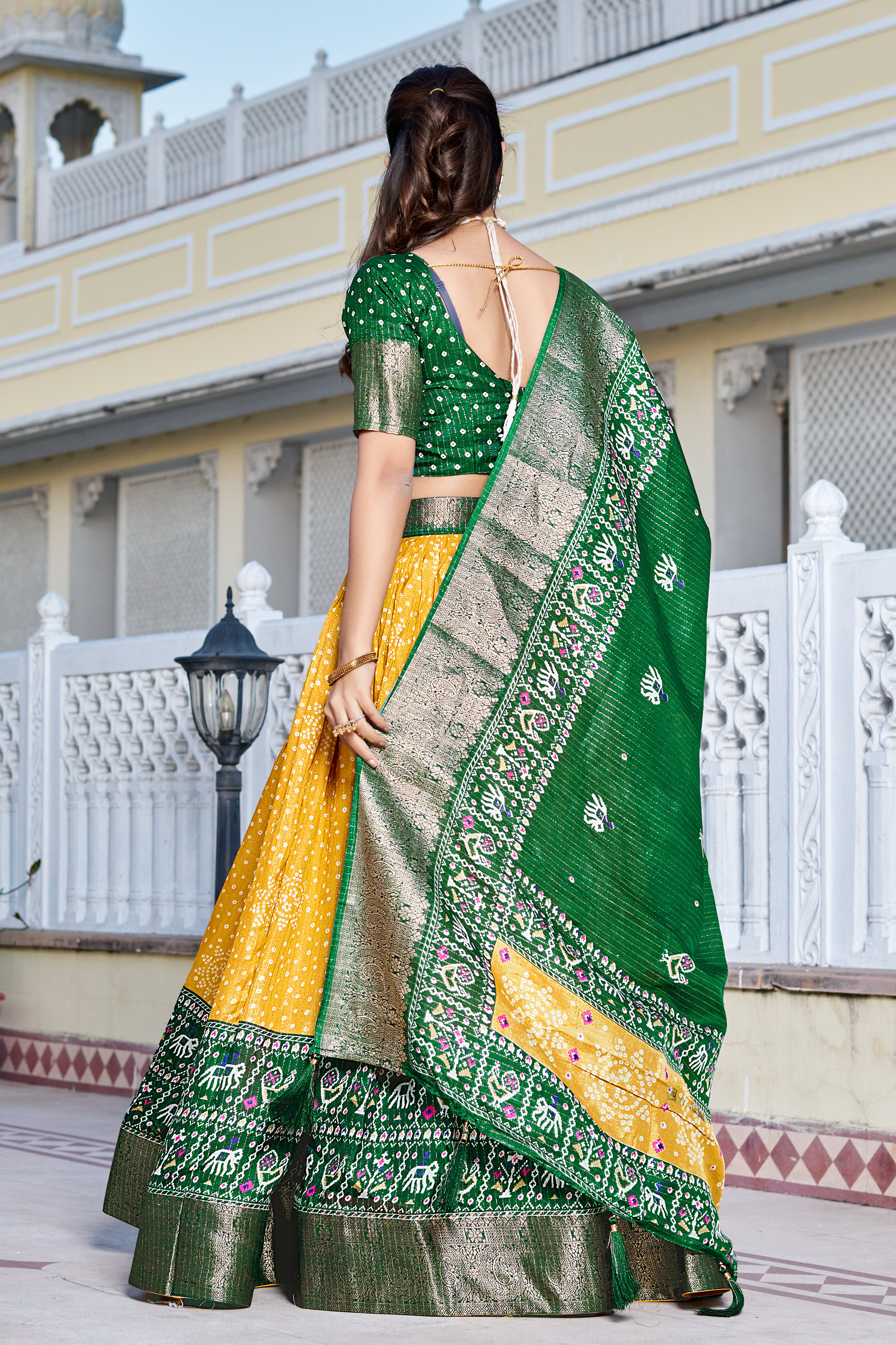 Women's Yellow & Green Heavy Lichi Silk Lehenga Choli with Jacquard Print, Zari Work & Designer Dupatta