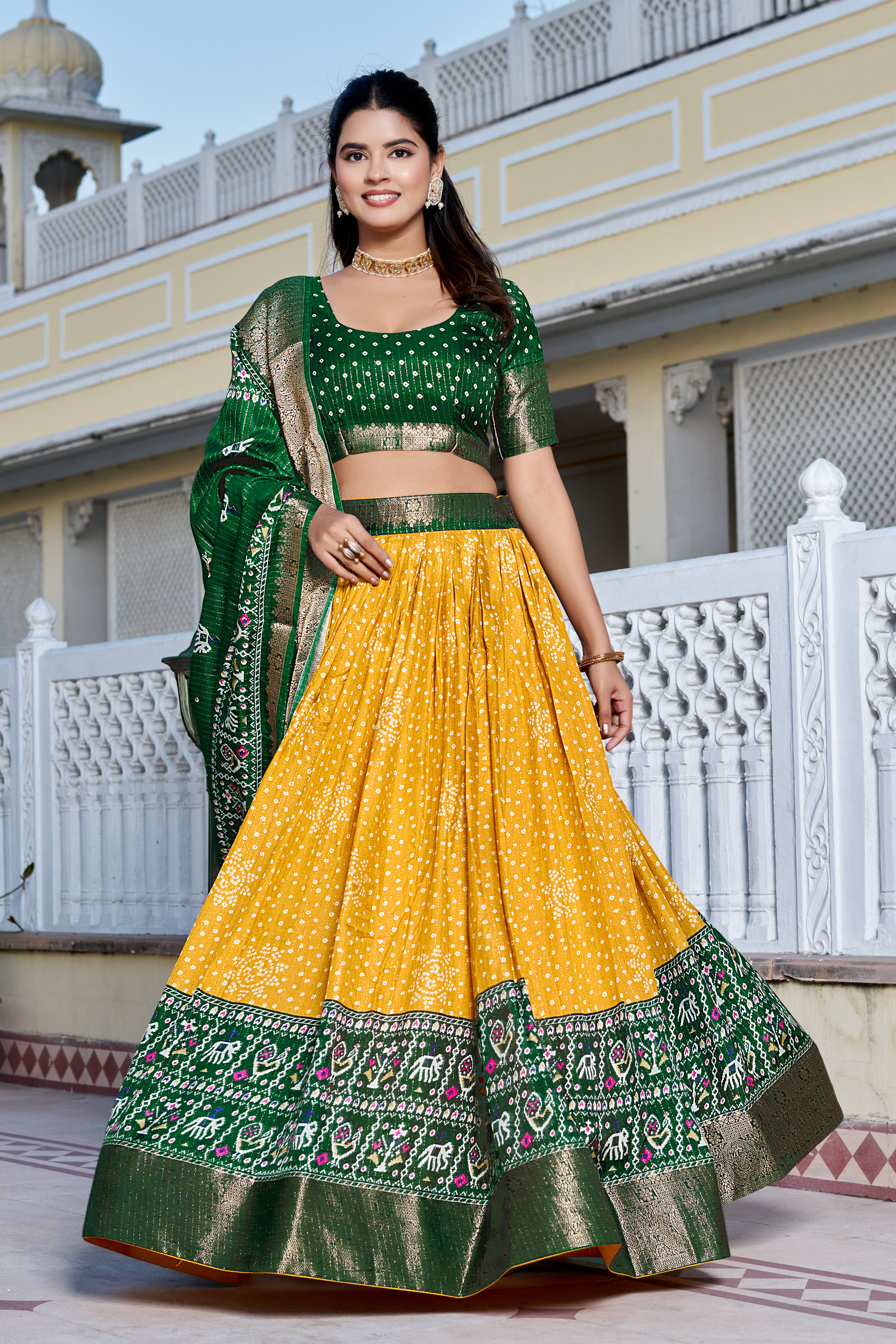 Women's Yellow & Green Heavy Lichi Silk Lehenga Choli with Jacquard Print, Zari Work & Designer Dupatta