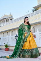 Women's Yellow & Green Heavy Lichi Silk Lehenga Choli with Jacquard Print, Zari Work & Designer Dupatta