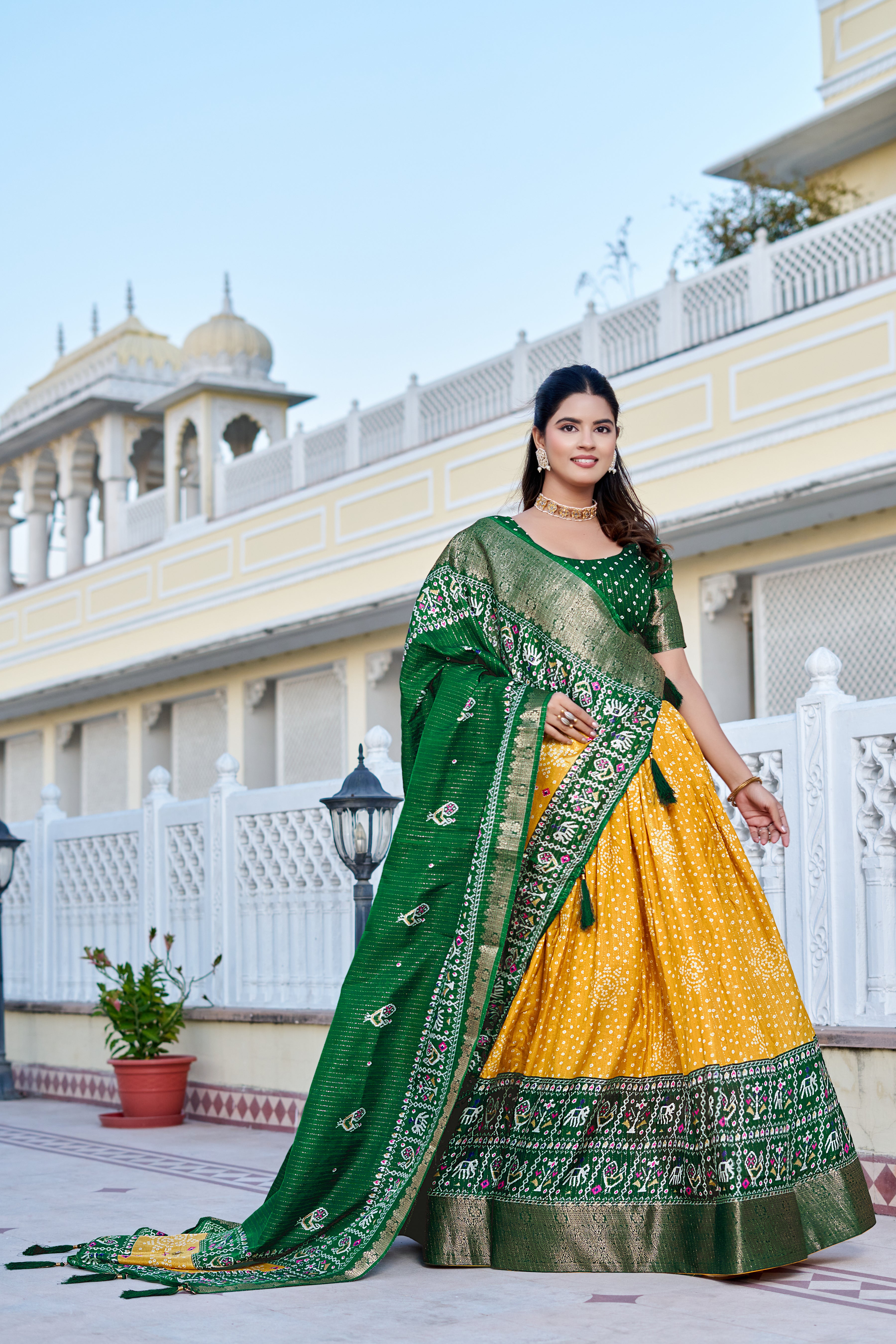 Women's Yellow & Green Heavy Lichi Silk Lehenga Choli with Jacquard Print, Zari Work & Designer Dupatta